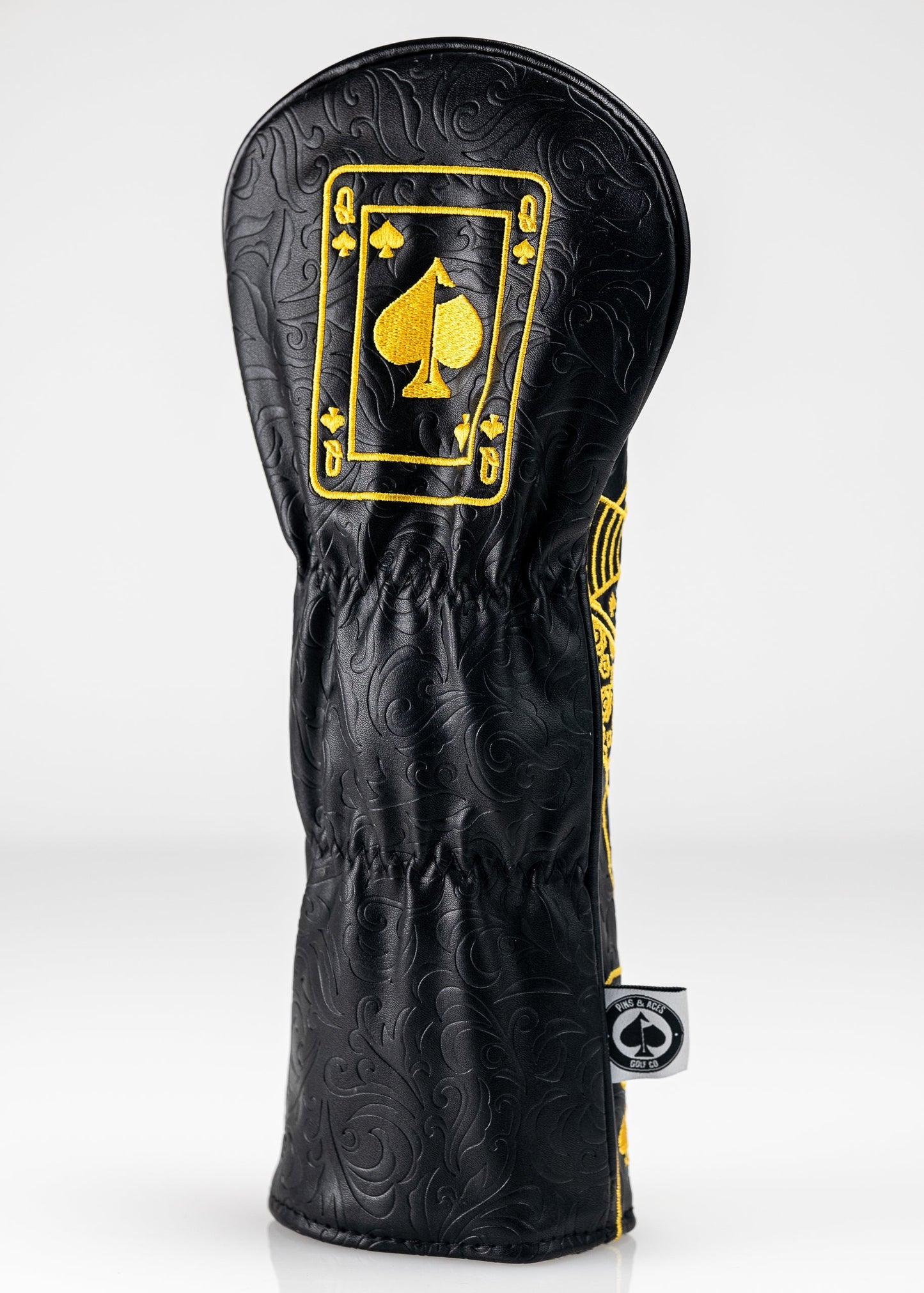 Black and gold Queen of Spades fairway cover, featuring a stylish design for golf clubs.
