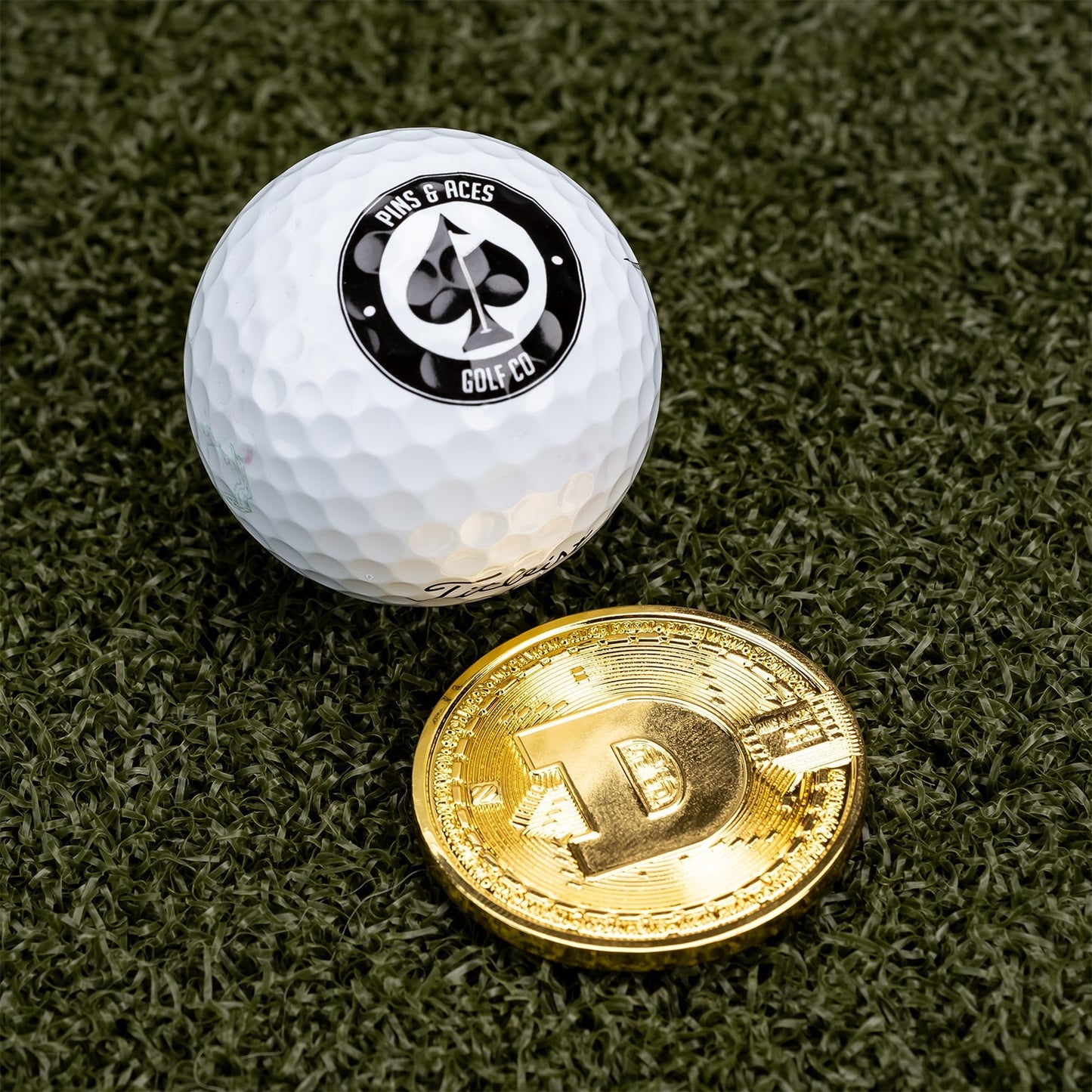Dogecoin ball marker featuring the iconic Shiba Inu logo on a circular design.