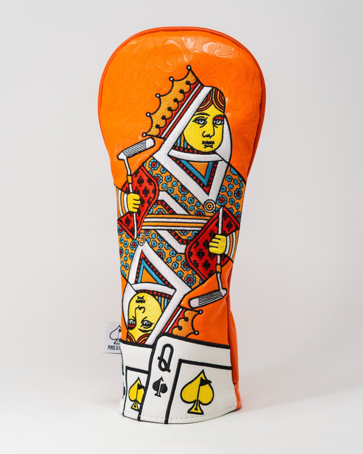 "Orange Crush Queen of Spades fairway golf club cover with vibrant colors and playing card design."