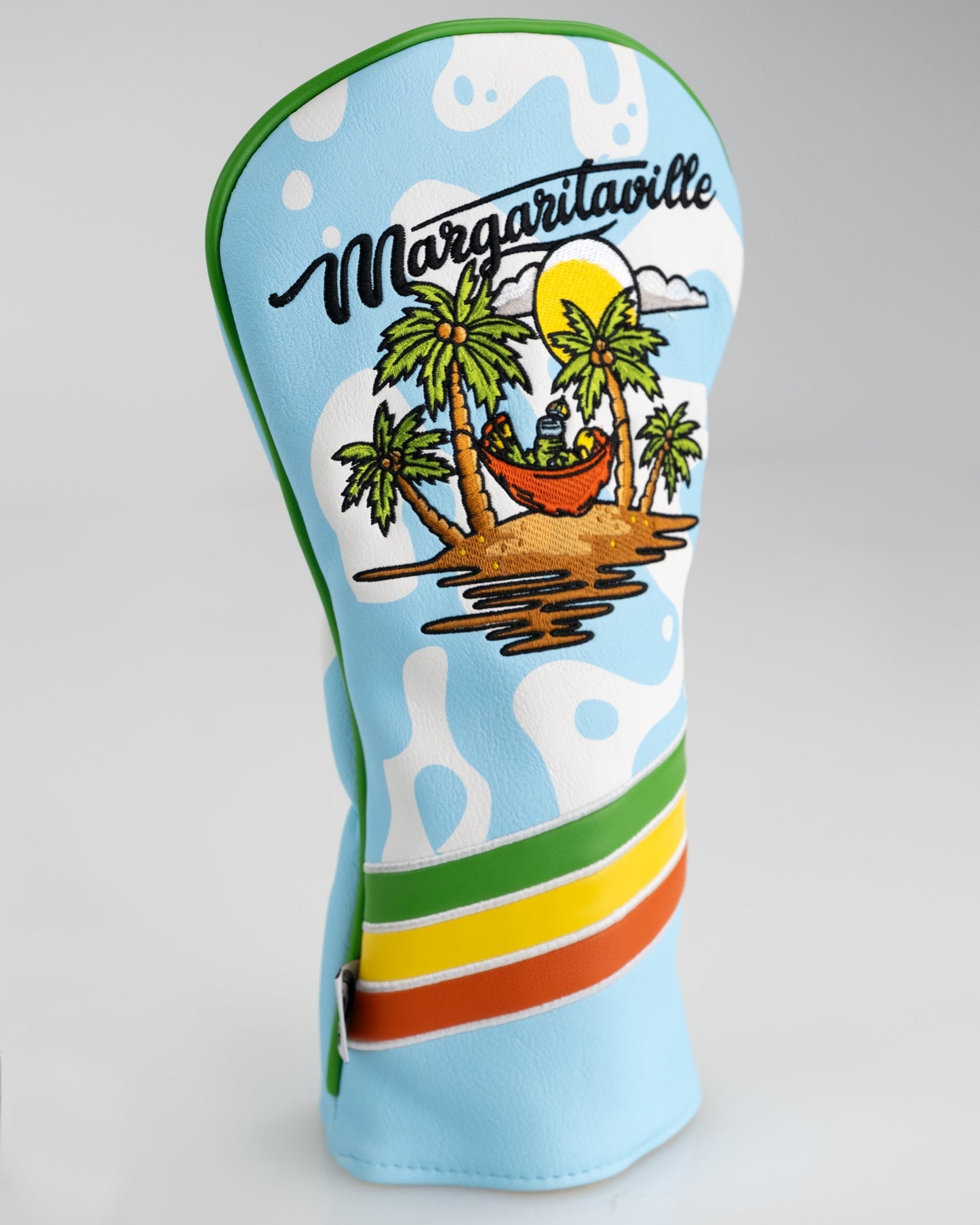 Margaritaville golf driver cover featuring vibrant tropical design and embroidered logo.