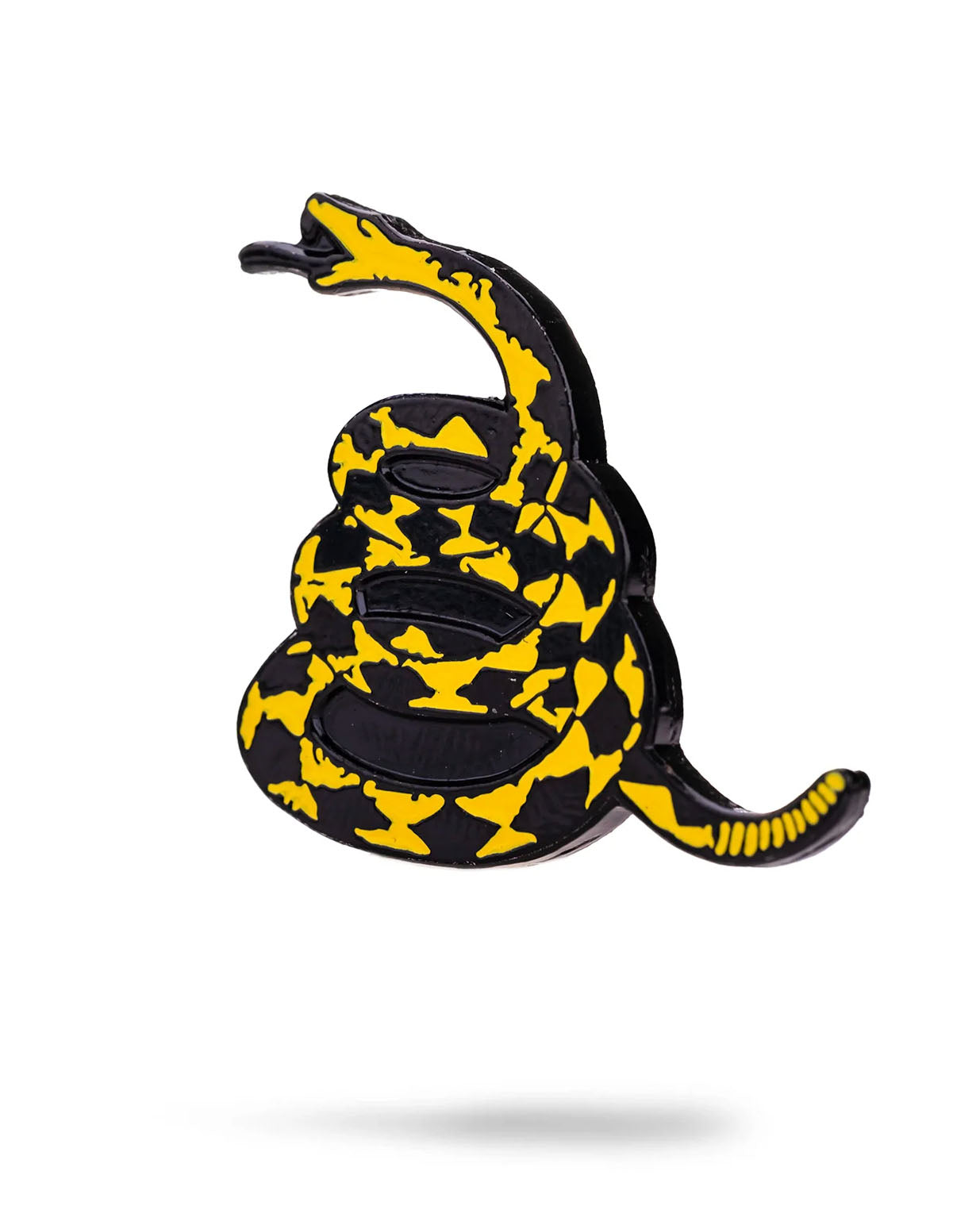 Bold "Don't Tread on Me" ball marker featuring a coiled yellow and black snake design, perfect for standout golf accessories.