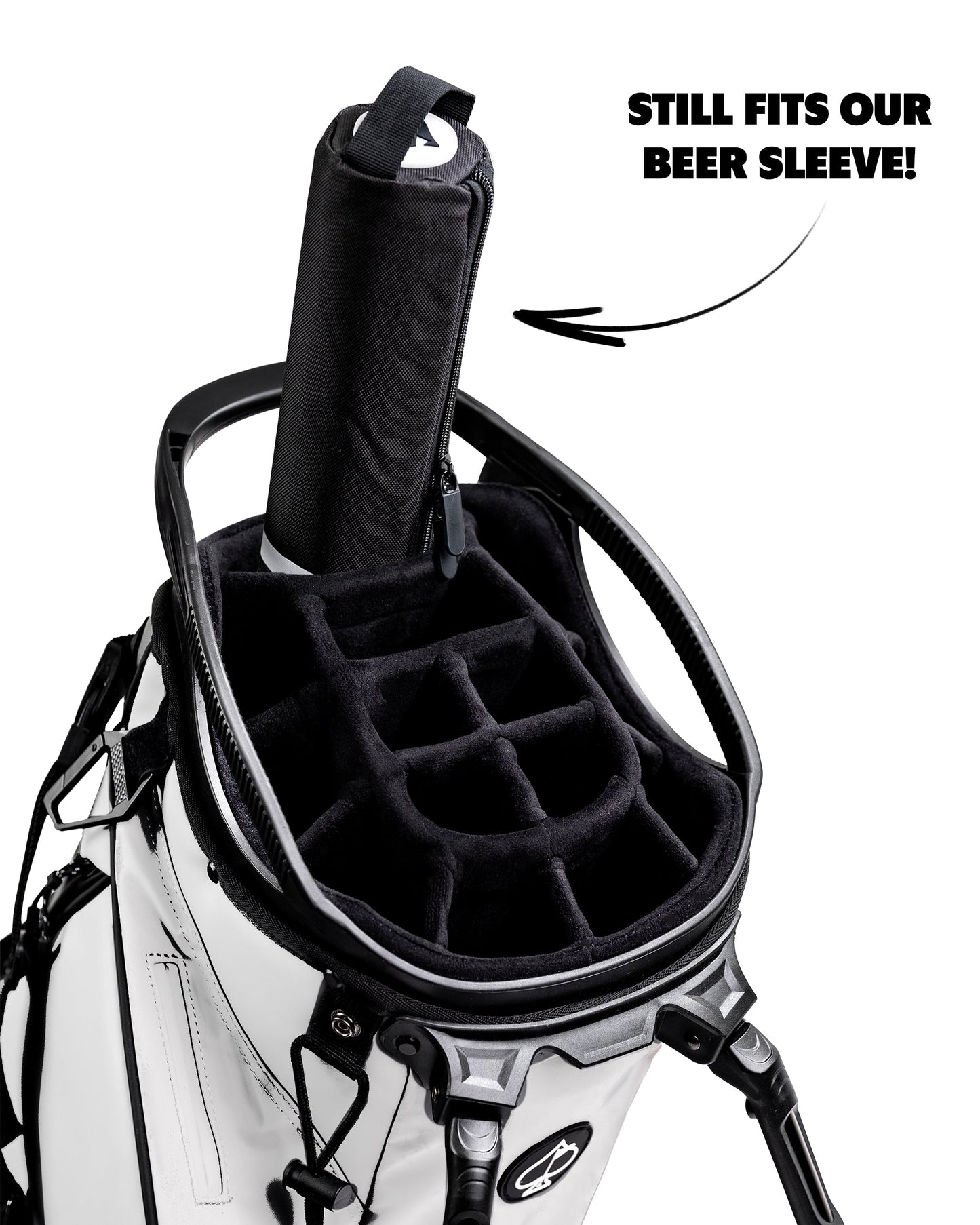 Black beer sleeve designed for easy attachment to golf bags, featuring a sleek, modern look.