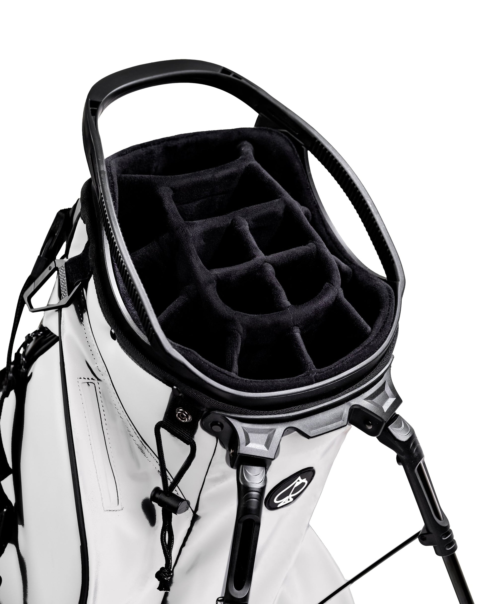 Player Preferred™ Golf Bag in Domino design, featuring a 14-slot top, multiple pockets, and a stylish black and white pattern.