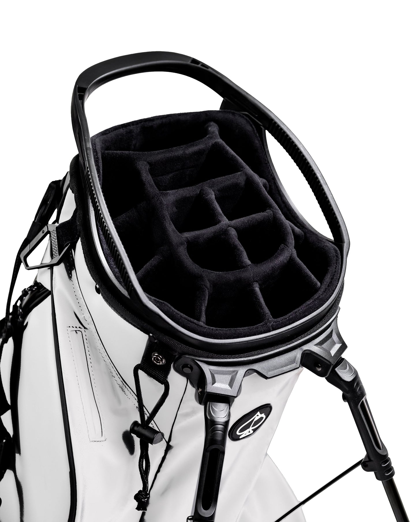 Player Preferred™ Golf Bag in Domino design, featuring a 14-slot top, multiple pockets, and a stylish black and white pattern.
