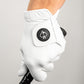 Premium Tour Glove in Ghost White, featuring a sleek design and logo, gripping a golf club for optimal performance.