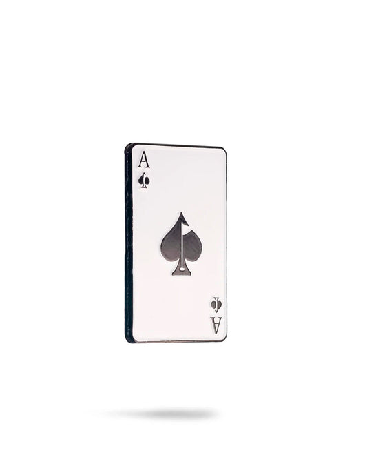 Alt text: "Ace of Spades playing card style golf ball marker with a metallic finish, displayed on a plain white background for clear product presentation."