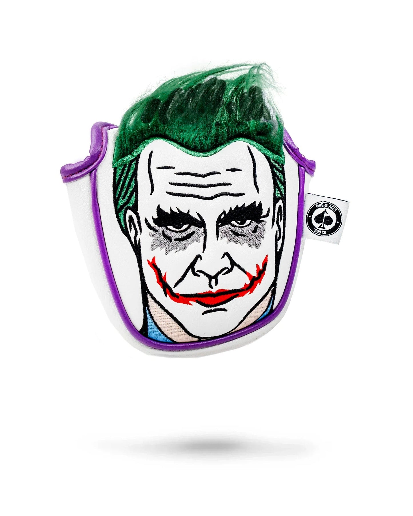 Joker-themed mallet putter cover featuring vibrant colors and playful design.