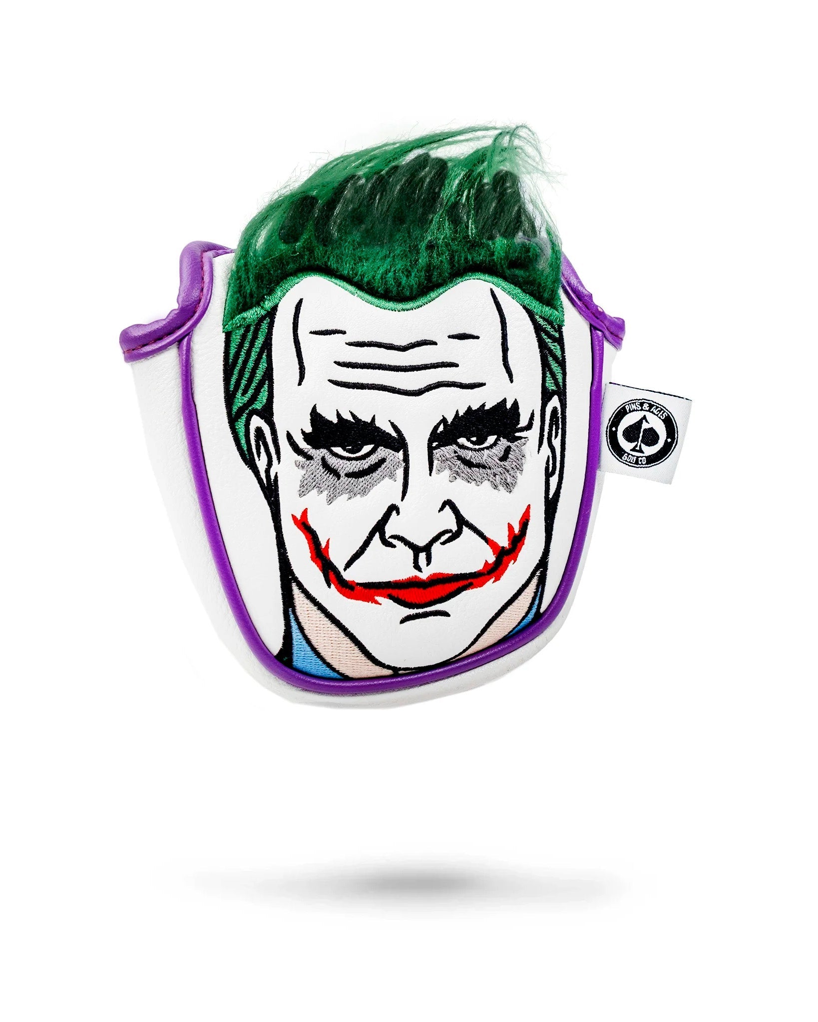 Joker-themed mallet putter cover featuring vibrant colors and playful design.