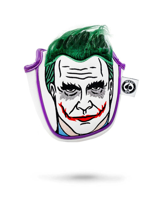 Joker-themed mallet putter cover featuring vibrant colors and playful design.