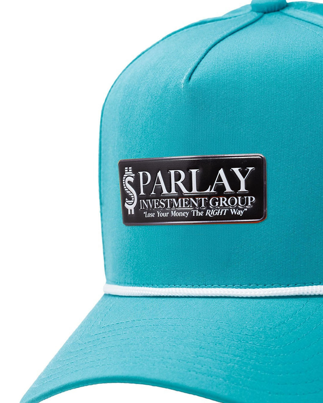 Perforated baby blue rope hat featuring a black "Parlay" patch on the front.