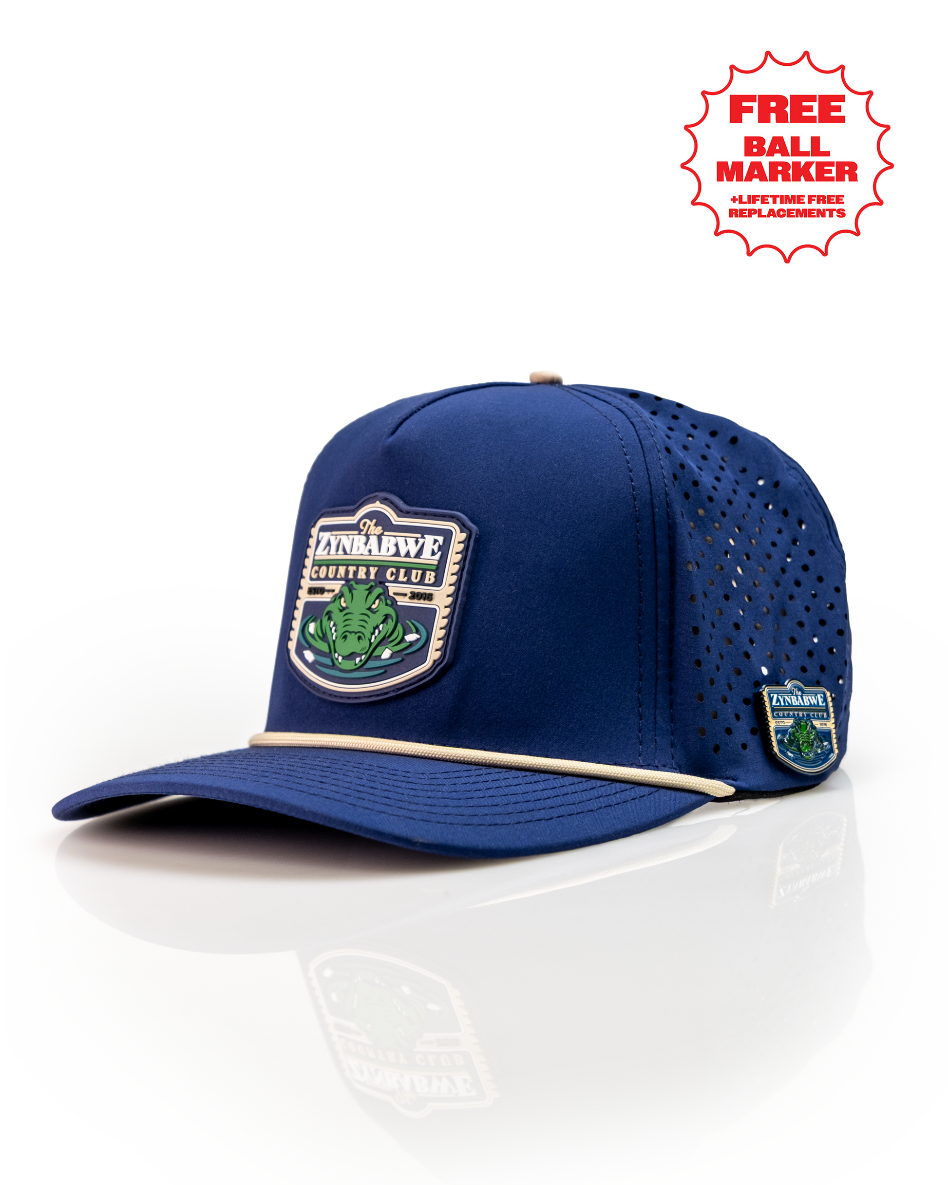 Navy perforated rope hat featuring Zynbabwe Country Club logo and a free ball marker for stylish golf enthusiasts.