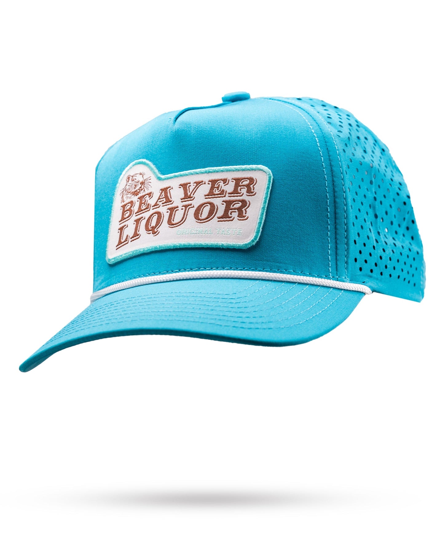 Perforated baby blue rope hat featuring Beaver Liquor logo on the front.