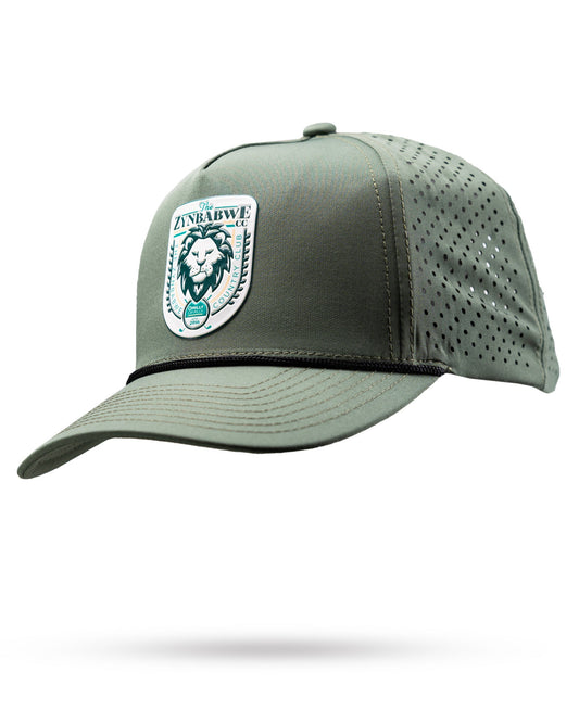 Olive perforated rope hat featuring the Zynbabwe Country Club logo.
