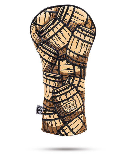 Bourbon barrel driver cover featuring a rustic wood design with a rounded top and open front for easy access.