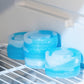 Blue beer sleeve ice pucks for cooling beverages, featuring a flexible design and compact size for easy use.