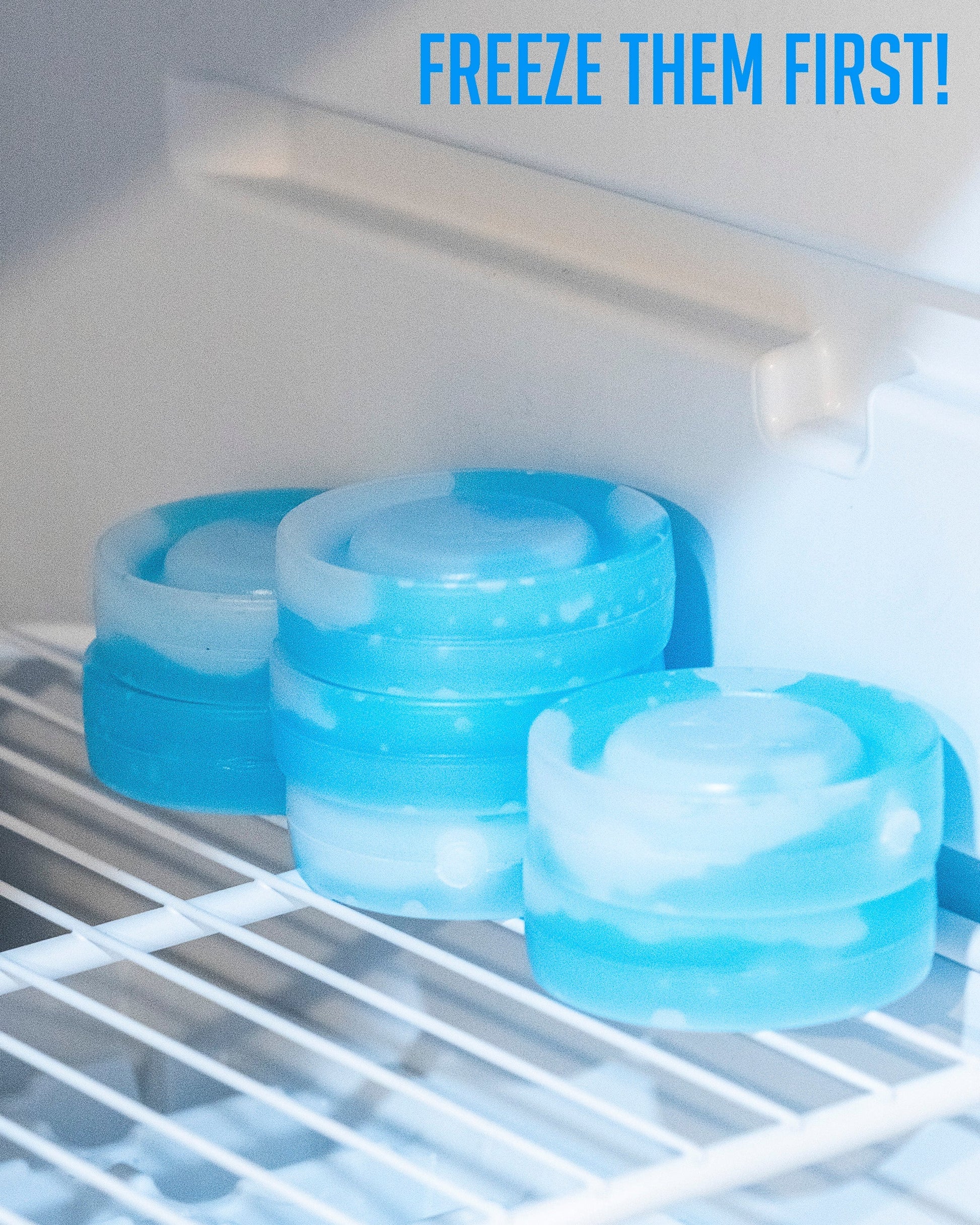 Blue beer sleeve ice pucks for cooling beverages, featuring a flexible design and compact size for easy use.