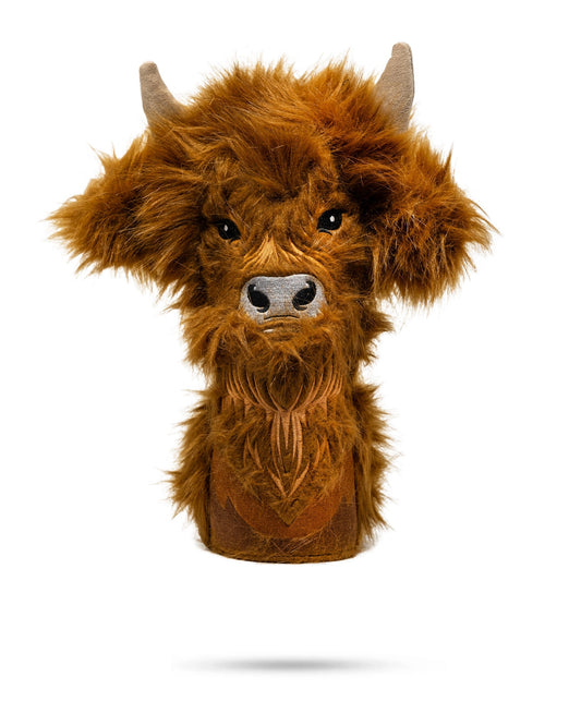 Highland Cow driver cover featuring a realistic, furry design with distinctive horns, ideal for golf clubs.