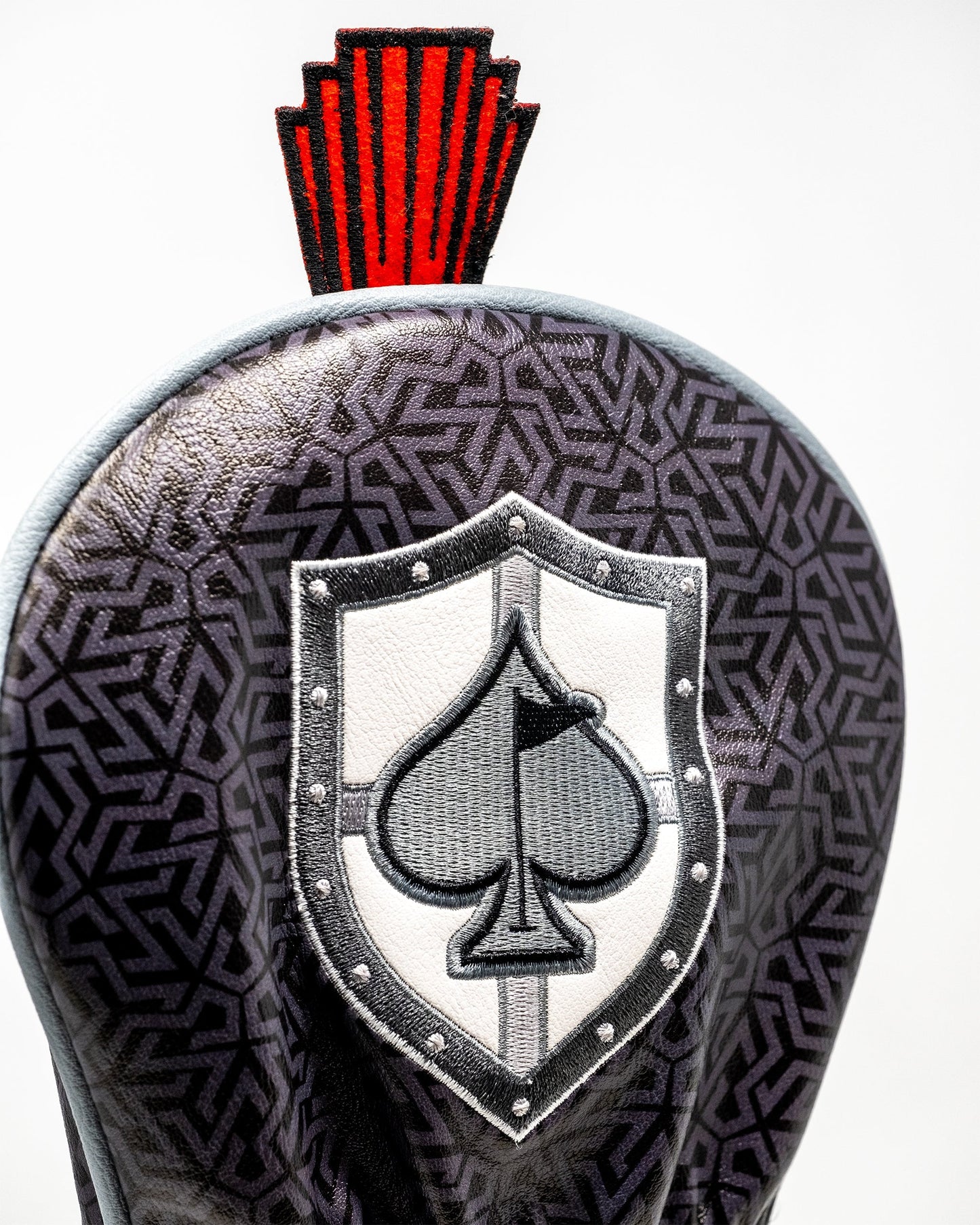 Knight's Valor Driver Cover featuring a regal design with a knight and intricate patterns in rich colors. Ideal for golf enthusiasts looking to protect their driver in style.