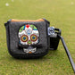 Gray camo mallet putter cover featuring a mustache sugar skull design.