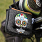 Mustache Sugar Skull mallet putter cover in gray camo pattern, featuring intricate detailing and a stylish design for golfers.