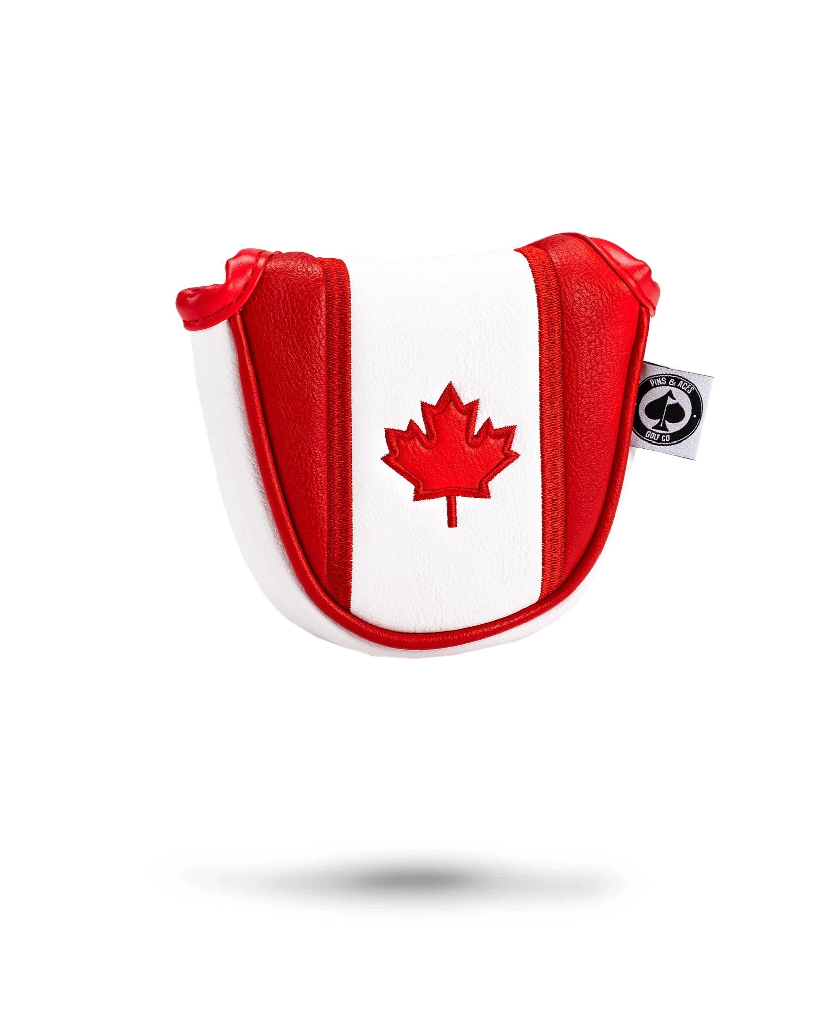 Canada mallet putter cover featuring a red and white design with a maple leaf emblem, designed for golf clubs.