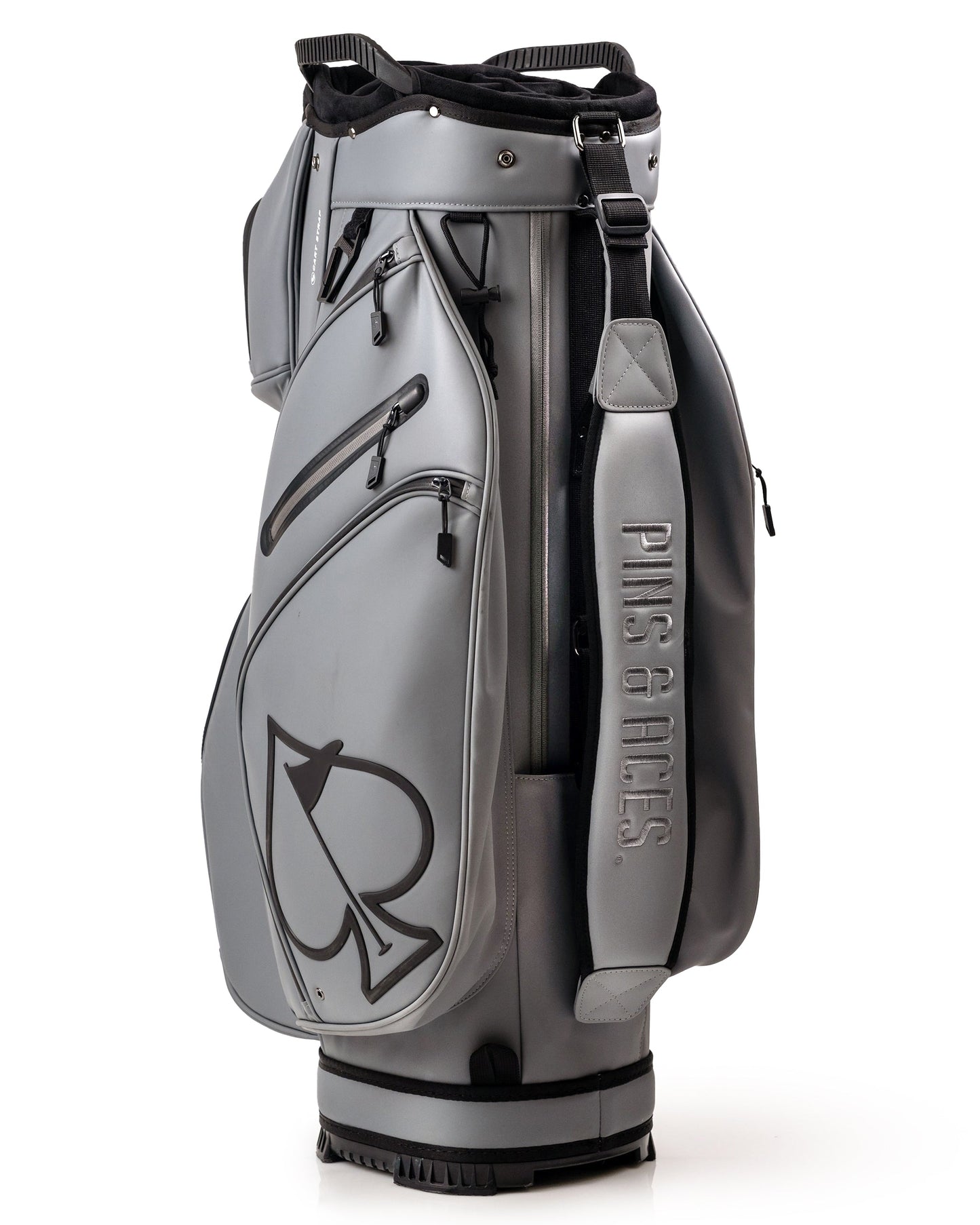 Player Preferred™ Cart Bag in Flat Ash color, showcasing a sleek design with multiple pockets and a comfortable strap.