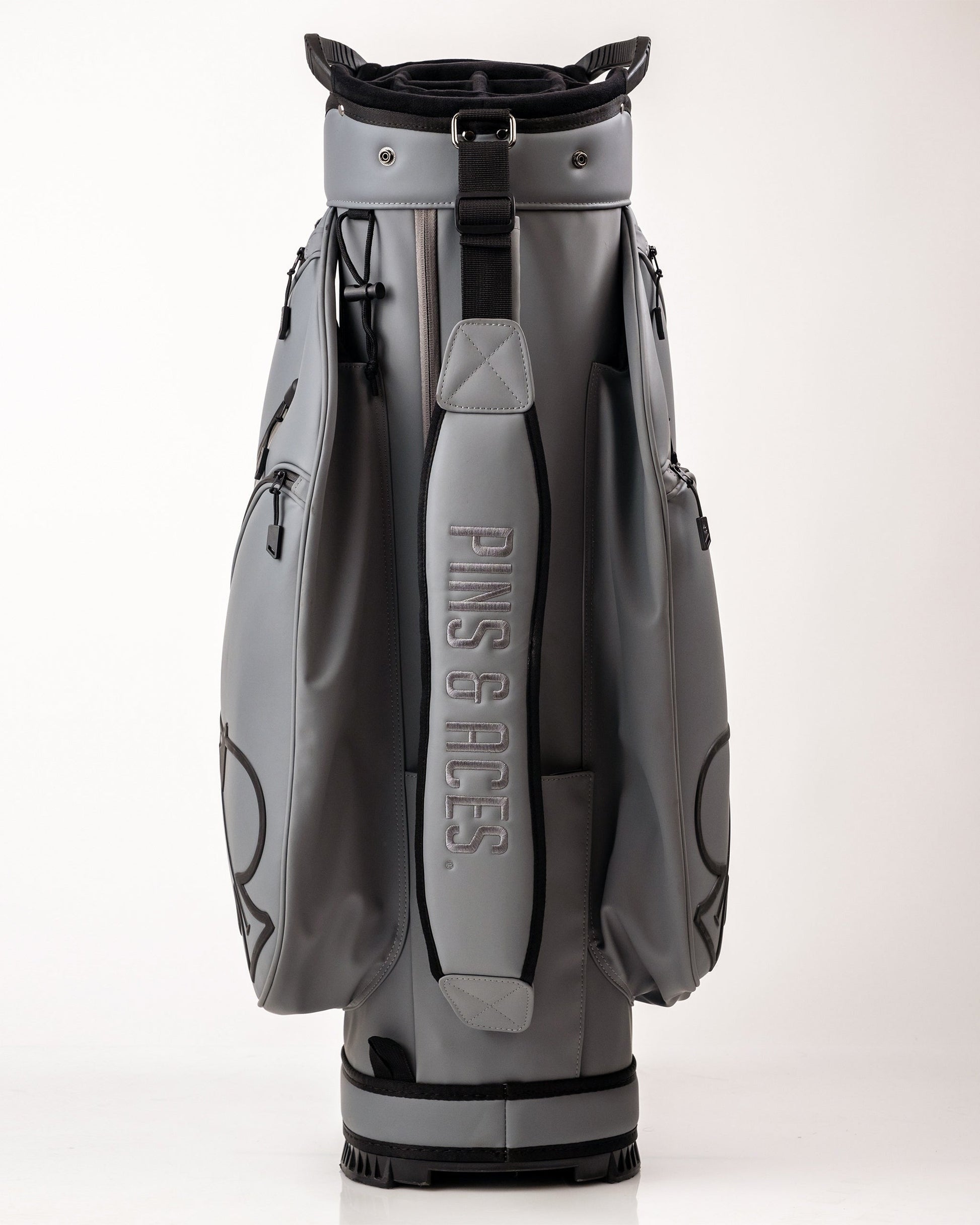 Player Preferred™ Cart Bag in Flat Ash, showcasing a sleek design with multiple storage pockets and padded straps.