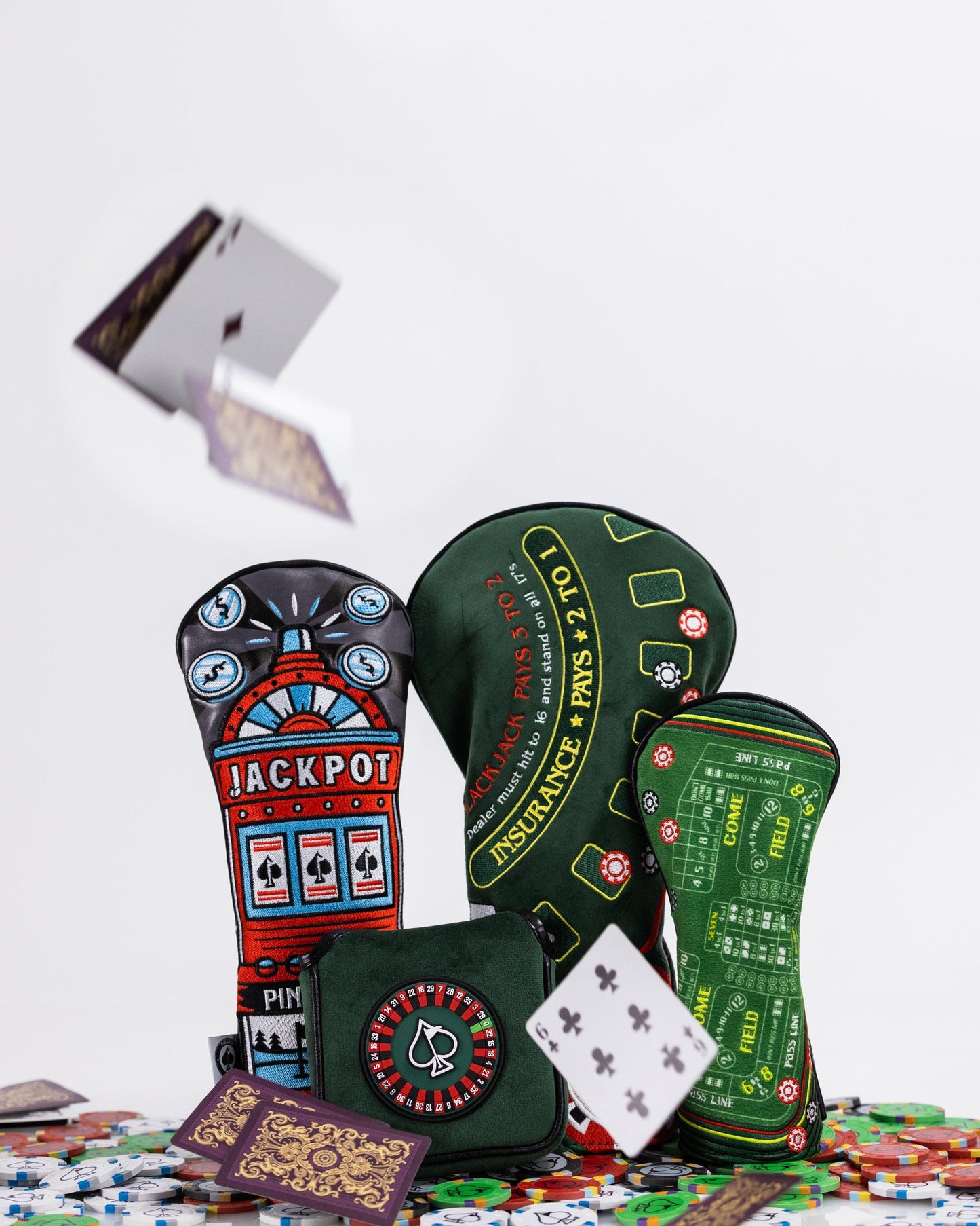 "Slots Fairway Cover featuring vibrant casino chip design, ideal for golf enthusiasts."