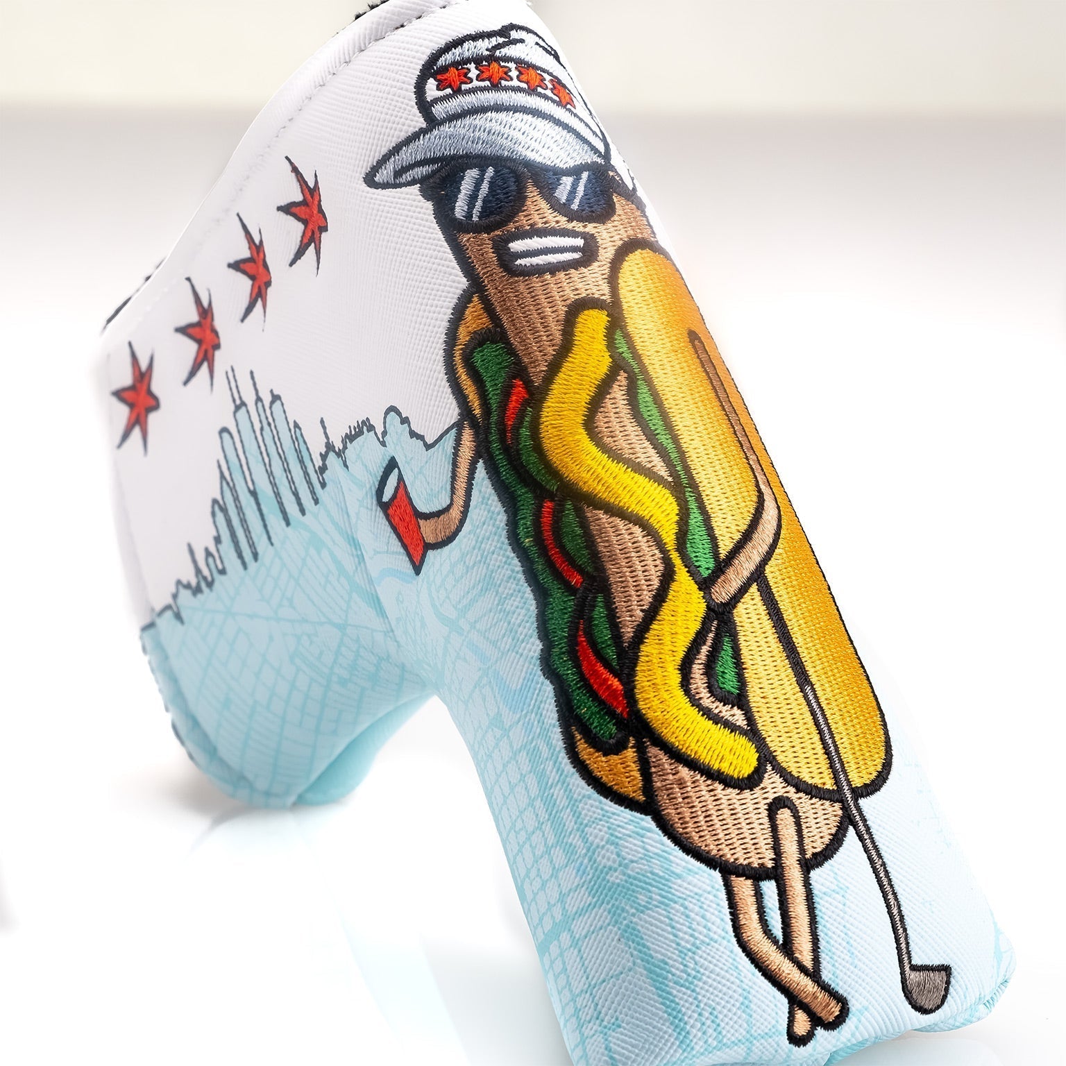 Chicago Dog Blade Putter Cover featuring a colorful design and plush construction, ideal for golf enthusiasts.