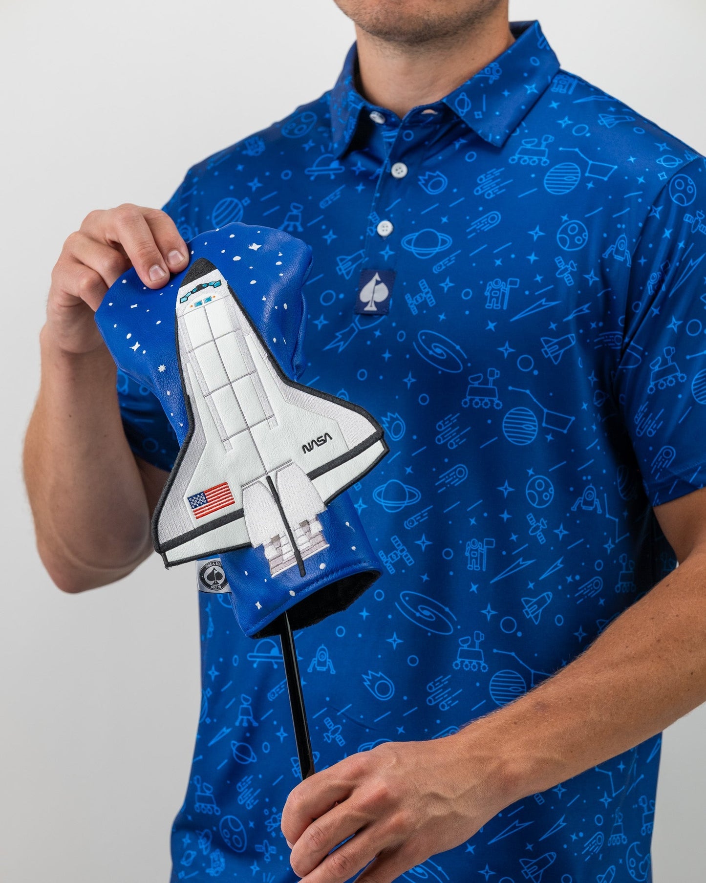 NASA Polo shirt in dark navy blue featuring the iconic NASA logo on the chest, showcasing a modern and stylish design.