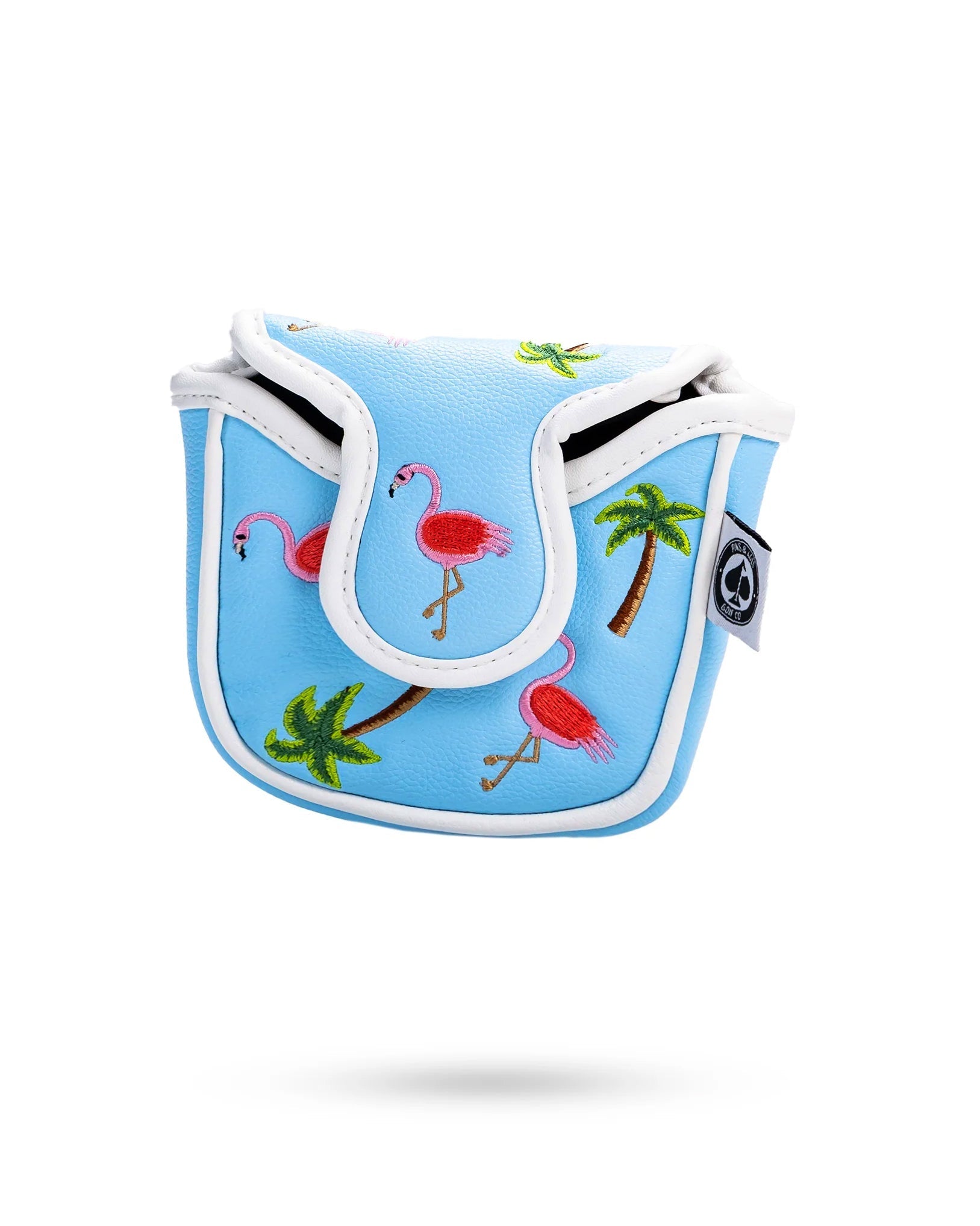 Alt text: "Dancing Flamingos mallet putter cover featuring vibrant flamingo graphics on a soft fabric background."