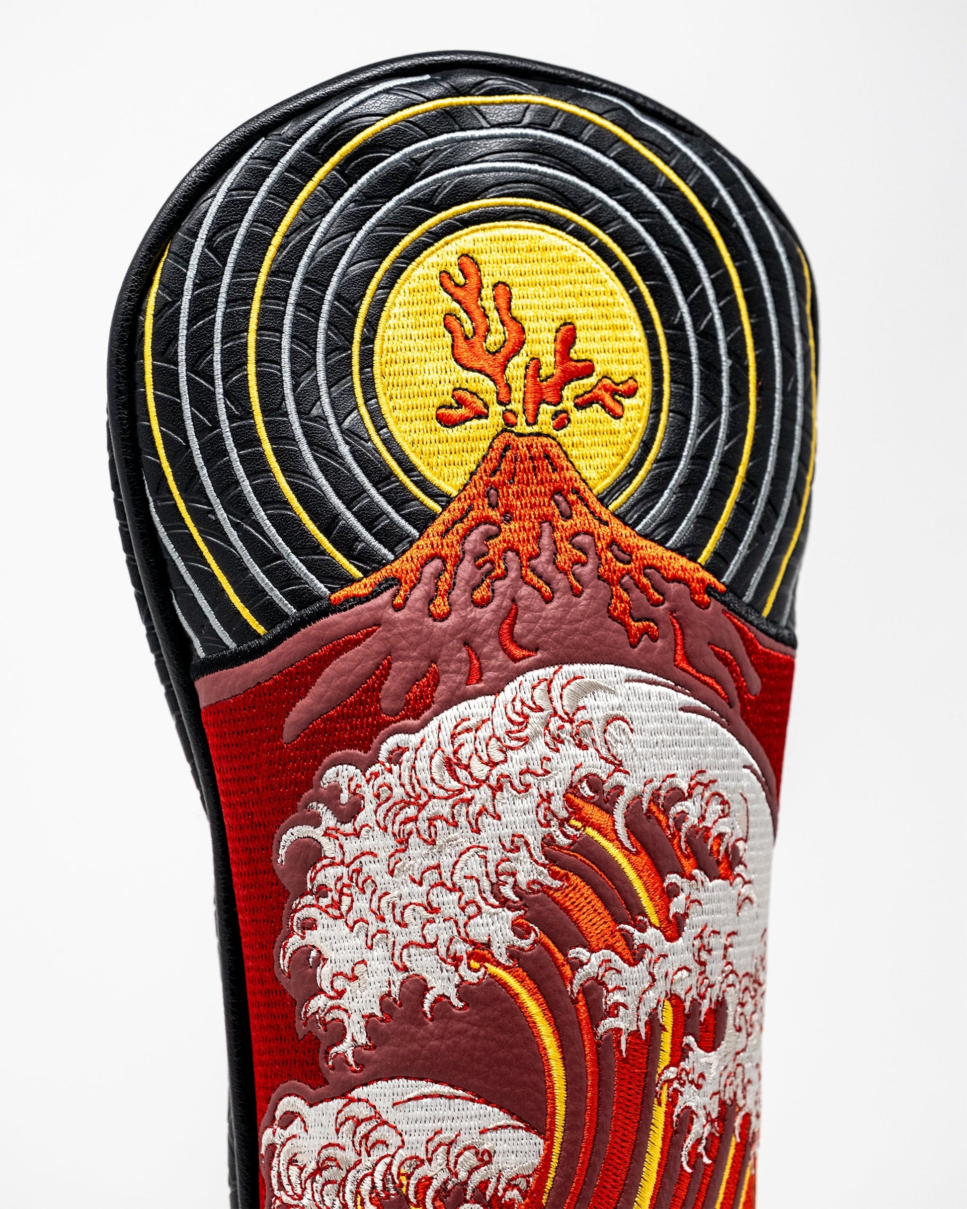 Fire & Fury Fairway Cover featuring a vibrant flame design in shades of red, orange, and yellow, designed to protect golf clubs while adding a stylish touch to your golf gear.