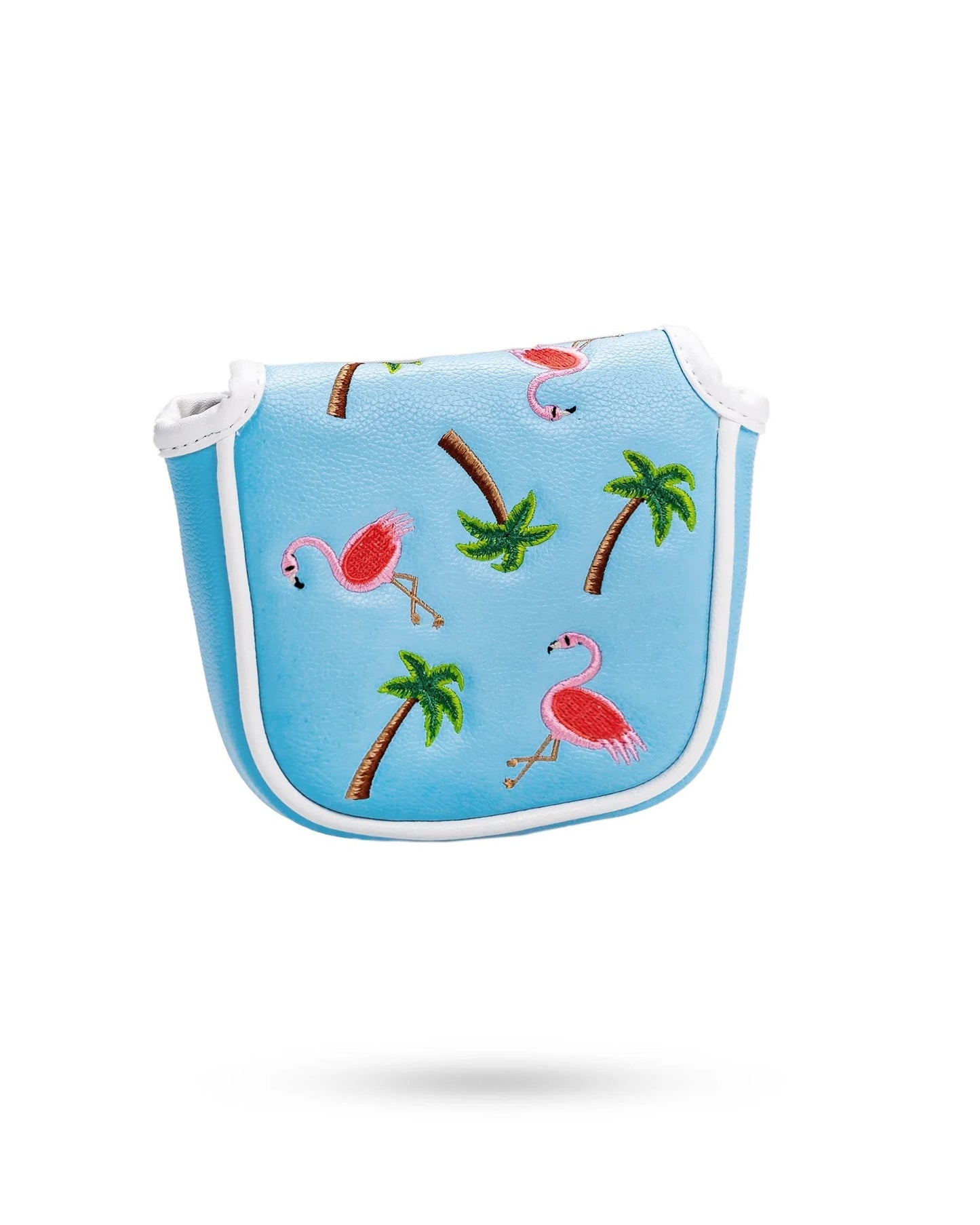 Dancing Flamingos mallet putter cover featuring vibrant pink flamingo designs on a black background.