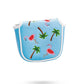 Dancing Flamingos mallet putter cover featuring vibrant pink flamingo designs on a black background.