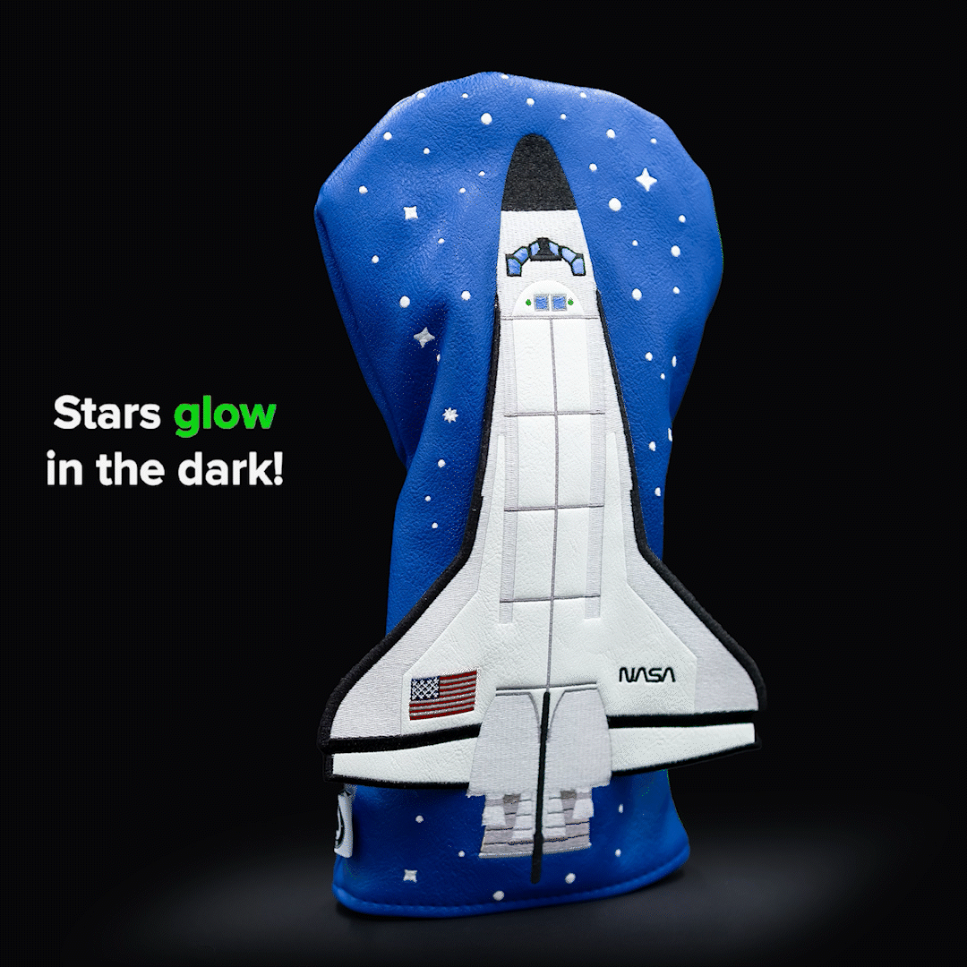 NASA Space Shuttle driver cover featuring a glow-in-the-dark design, showcasing a detailed shuttle graphic against a dark background.