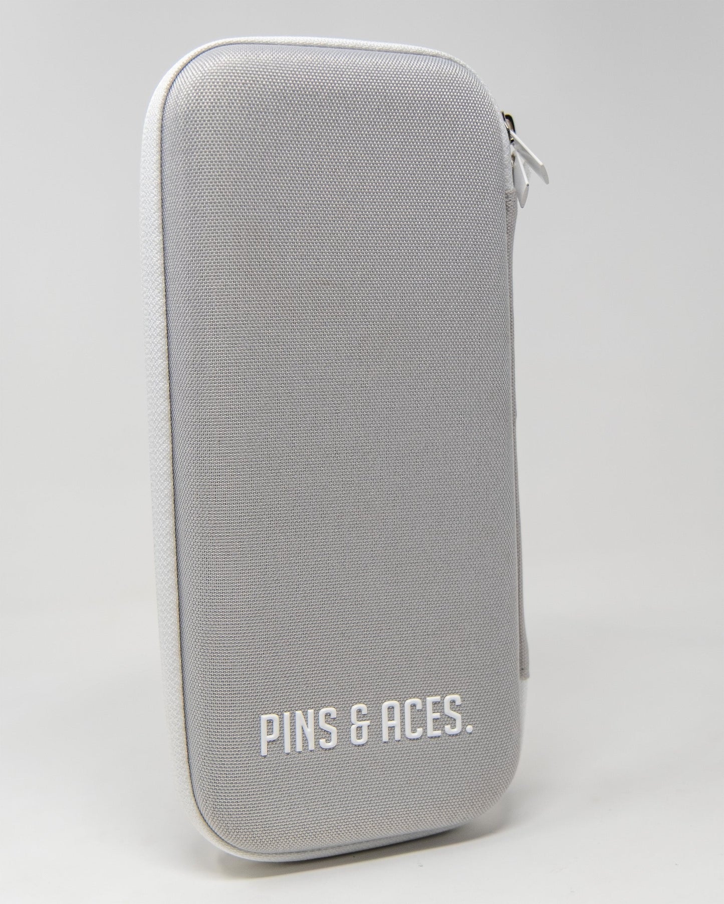 Gray glove and accessory caddie with a sleek design and zipper closure, featuring the Pins and Aces logo.
