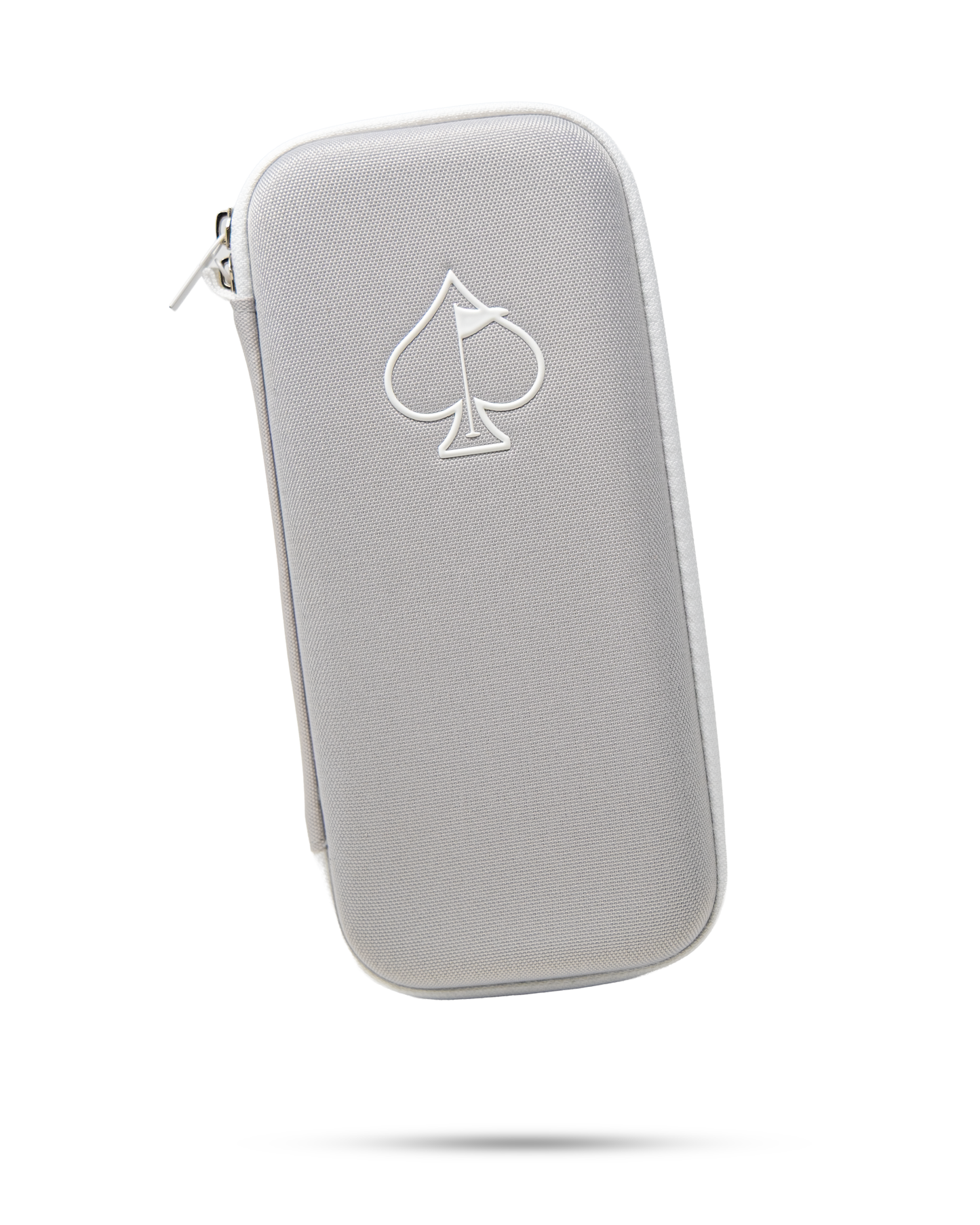 Gray glove and accessory caddie featuring a sleek design and embossed spade logo, ideal for organizing golf essentials.