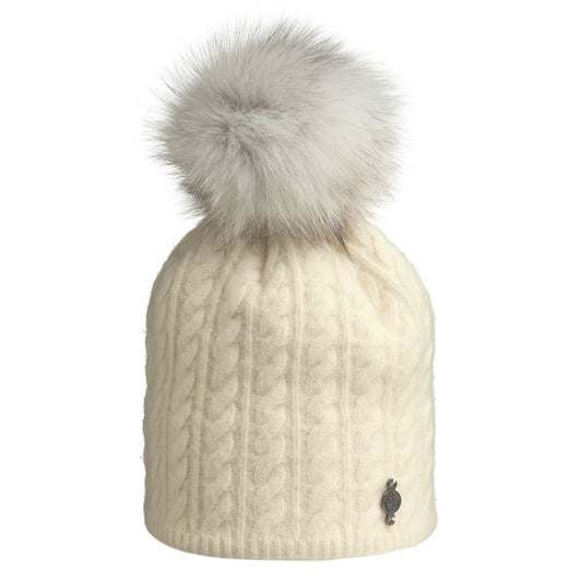 BRYDEN - CABLE KNIT BEANIE W UPCYCLED FUR POM