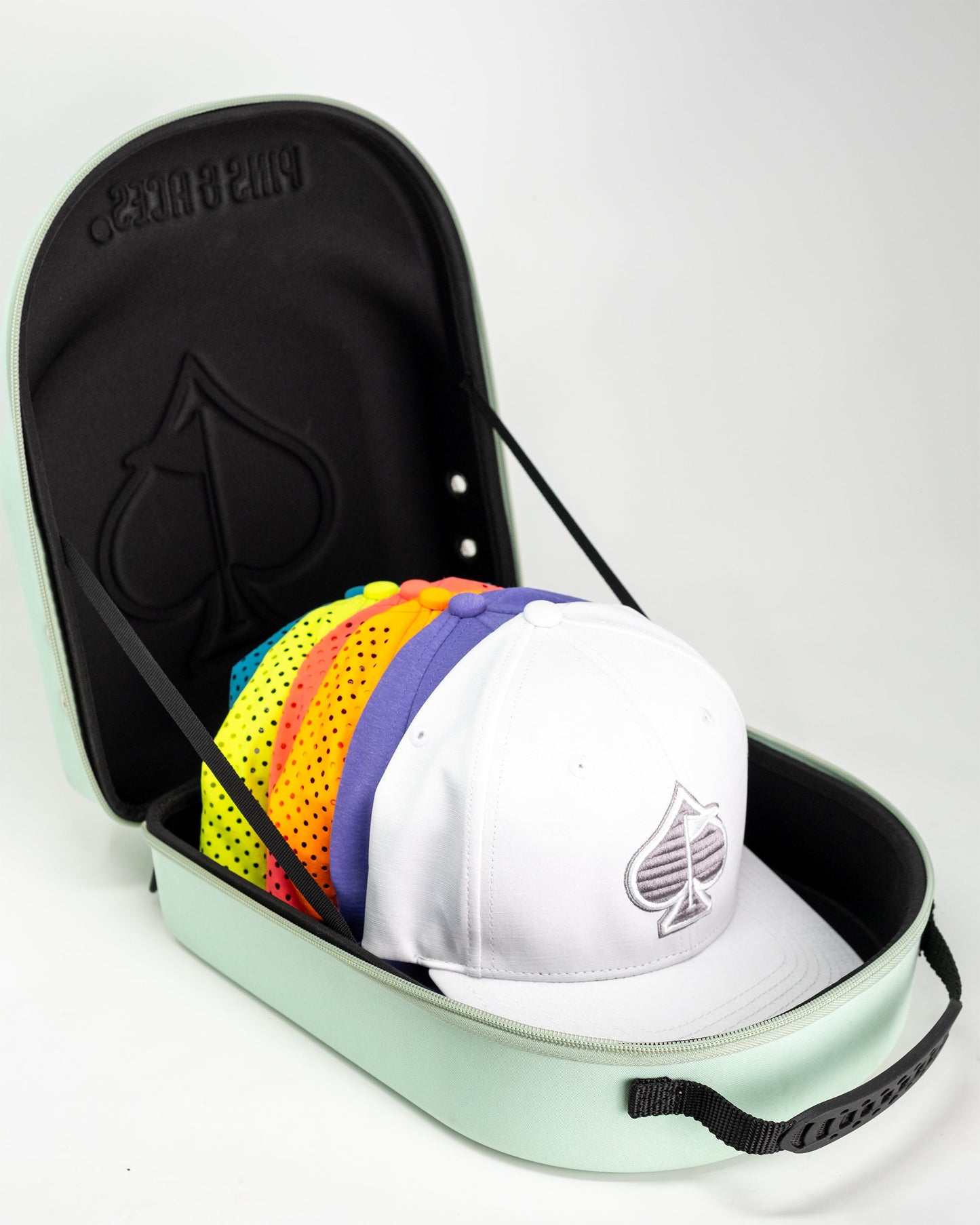 Teal Hat Caddie for organizing and displaying hats.
