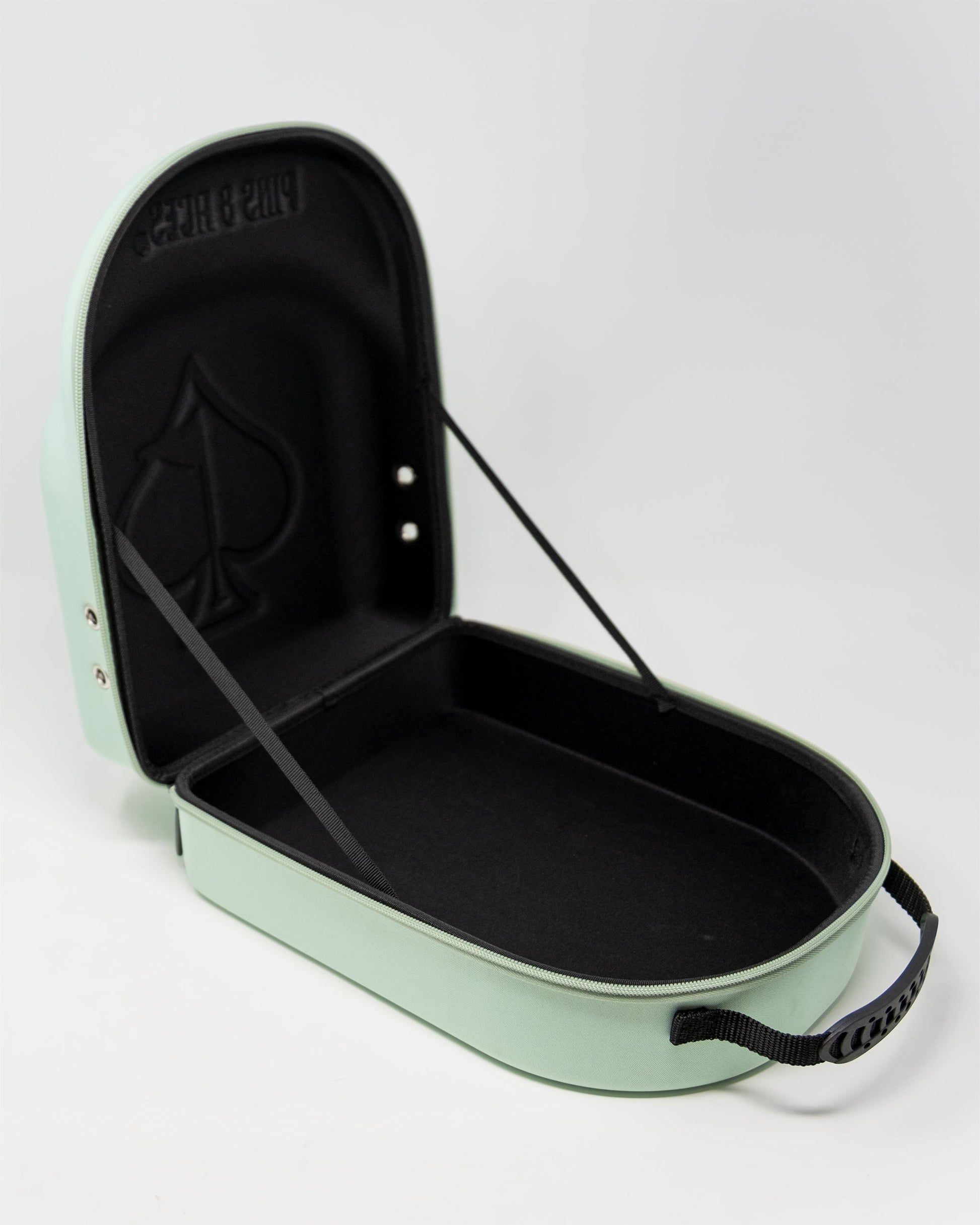 Teal Hat Caddie storage for hats, shown open and empty.