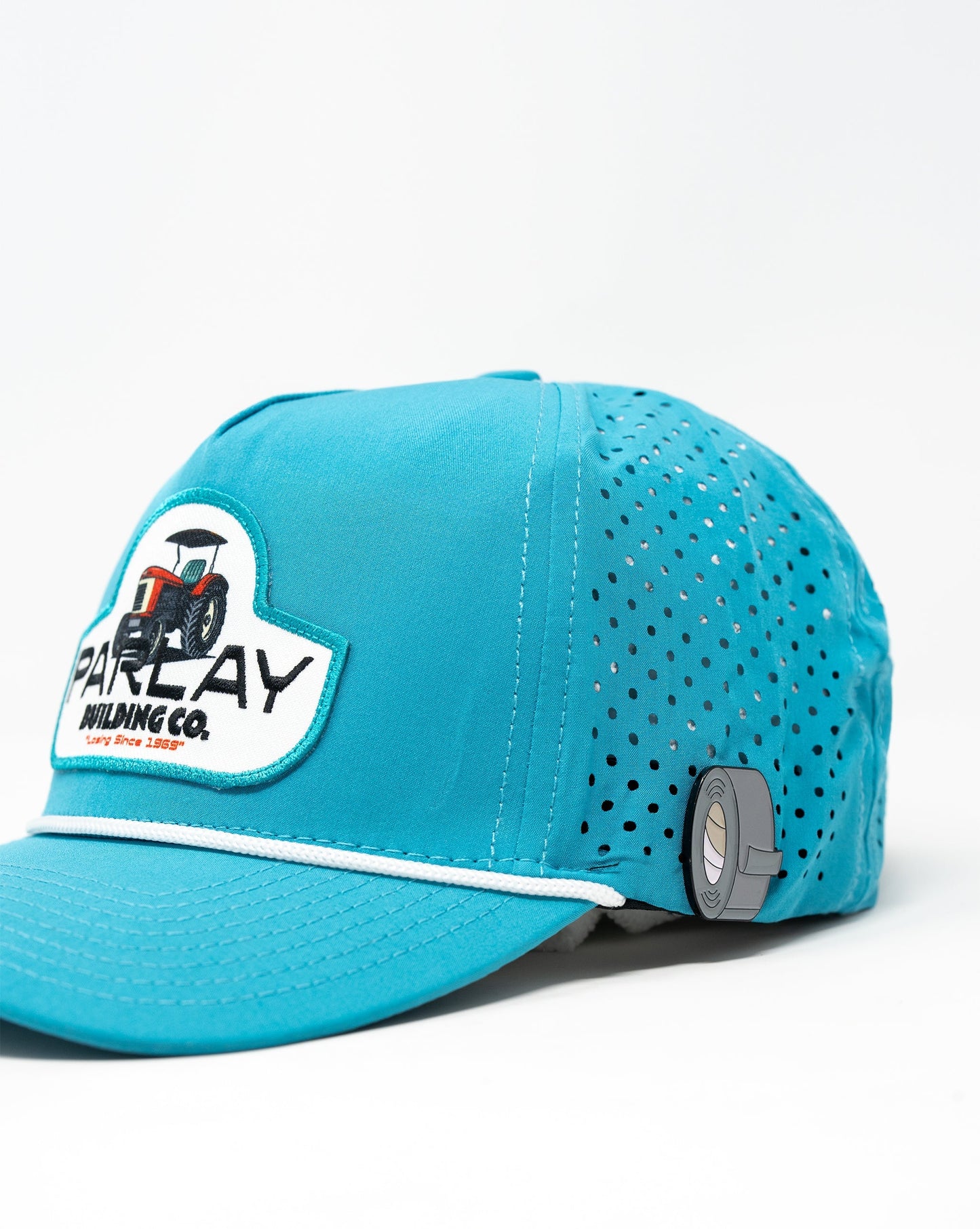 Baby blue perforated rope hat from Parlay Building Co. featuring a stylish design and adjustable fit.