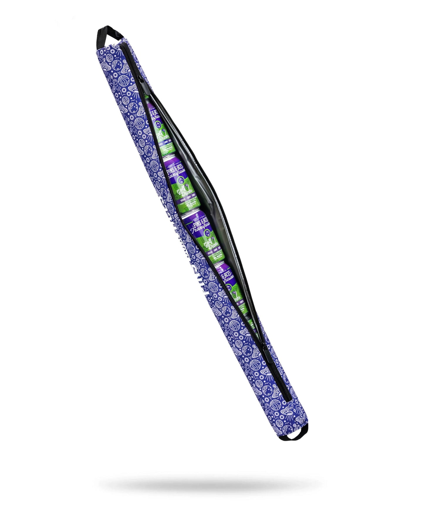 Alt text: HEYDUDE Beer Sleeve in Indigolactic design, featuring a vibrant blue and purple galaxy pattern, ideal for holding standard beer cans.