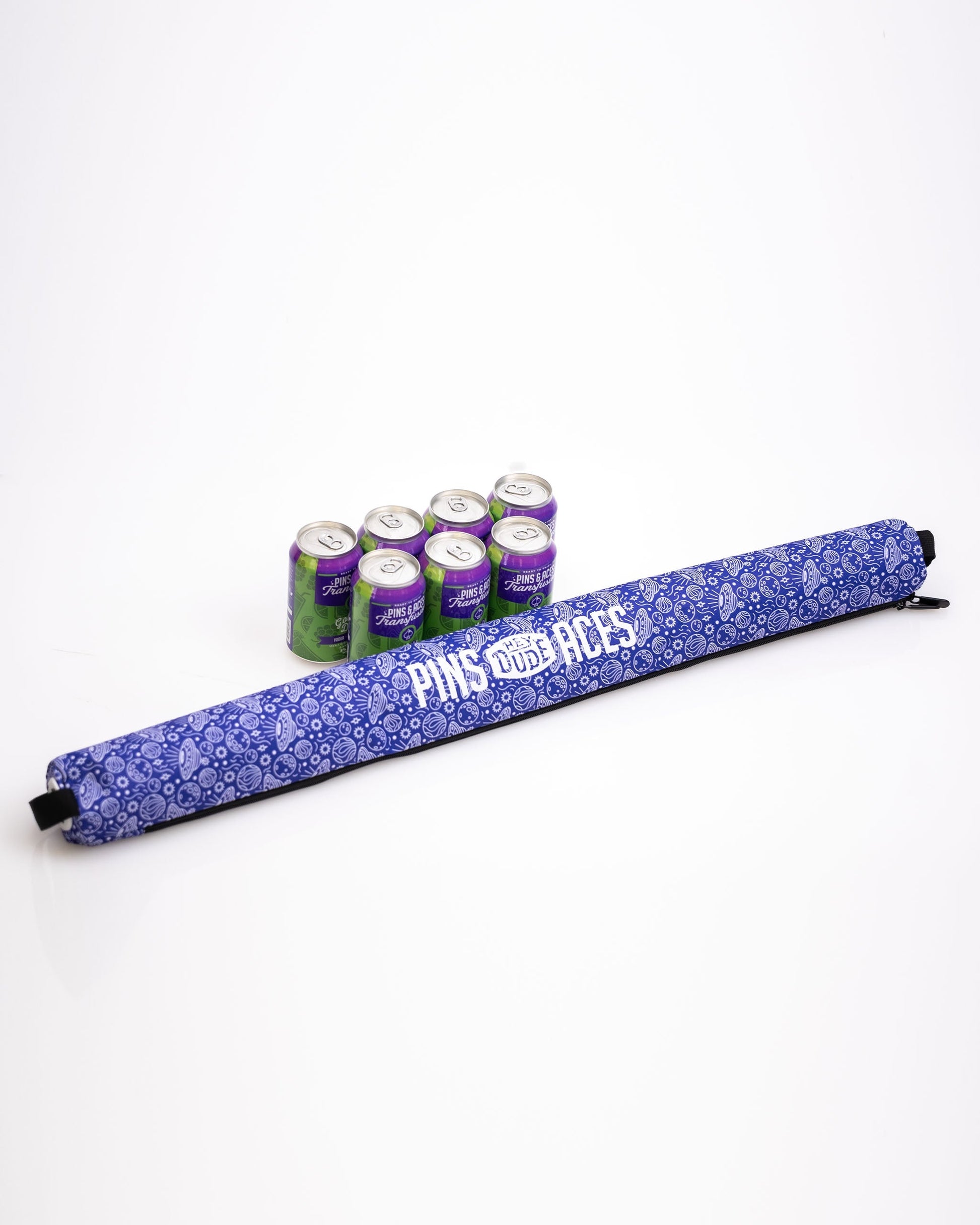 Alt text: HEYDUDE Beer Sleeve in Indigolactic design, featuring a vibrant blue and purple galaxy pattern for stylish beverage insulation.