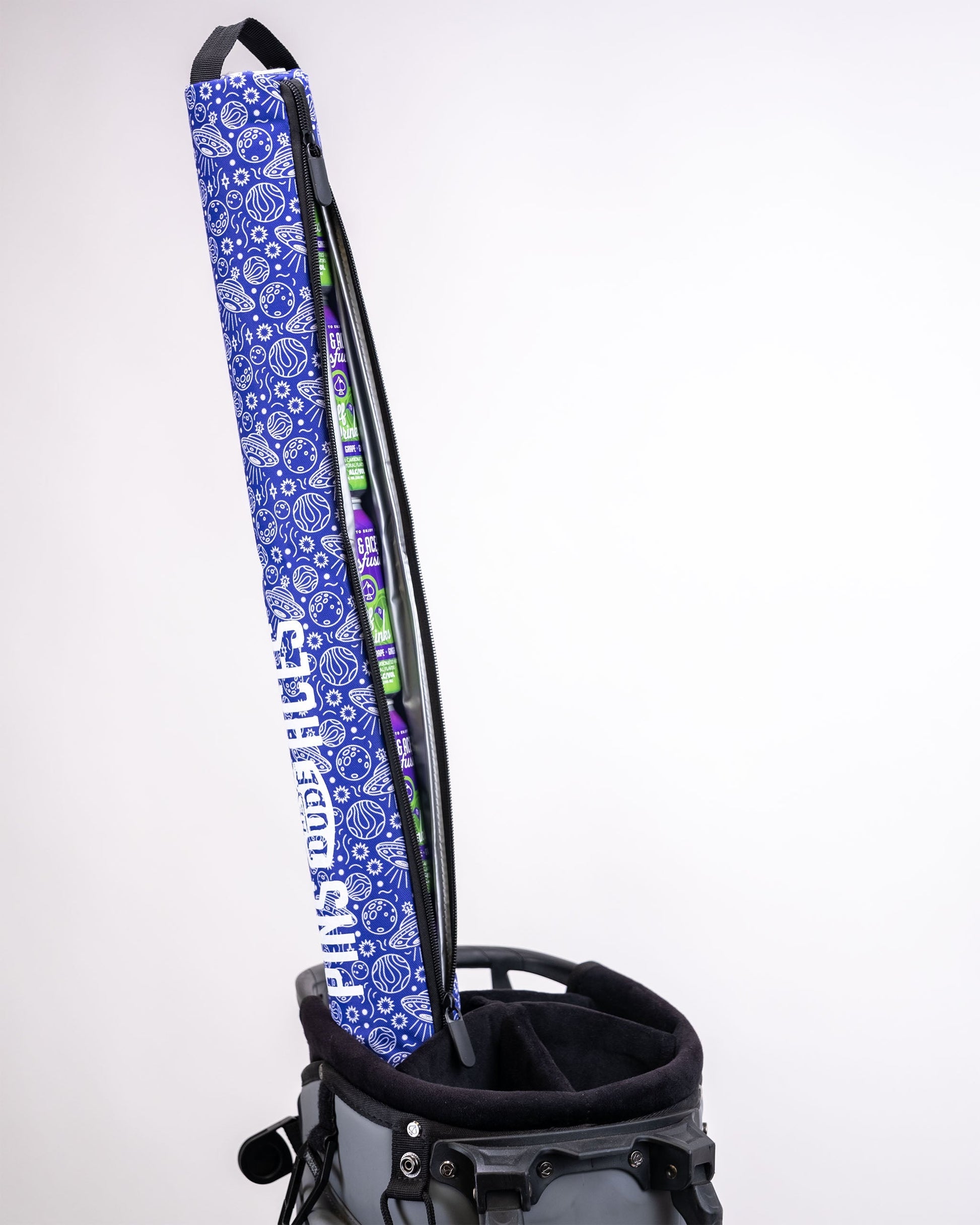 HEYDUDE Beer Sleeve in Indigolactic design, featuring a vibrant blue and purple cosmic pattern.