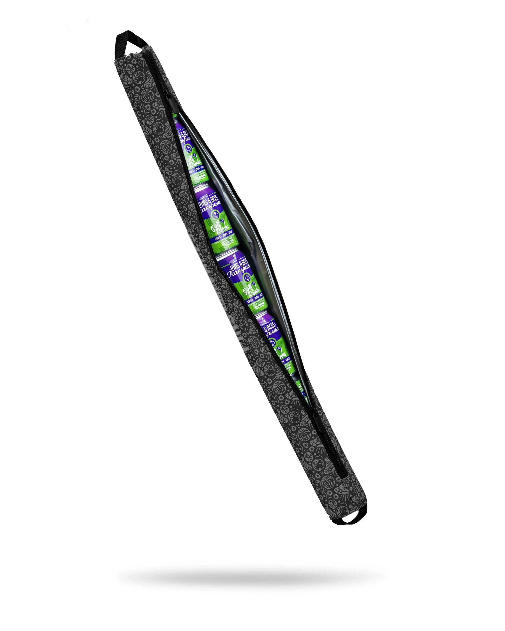 Black HEYDUDE Beer Sleeve featuring a unique black hole design, ideal for keeping drinks cold.