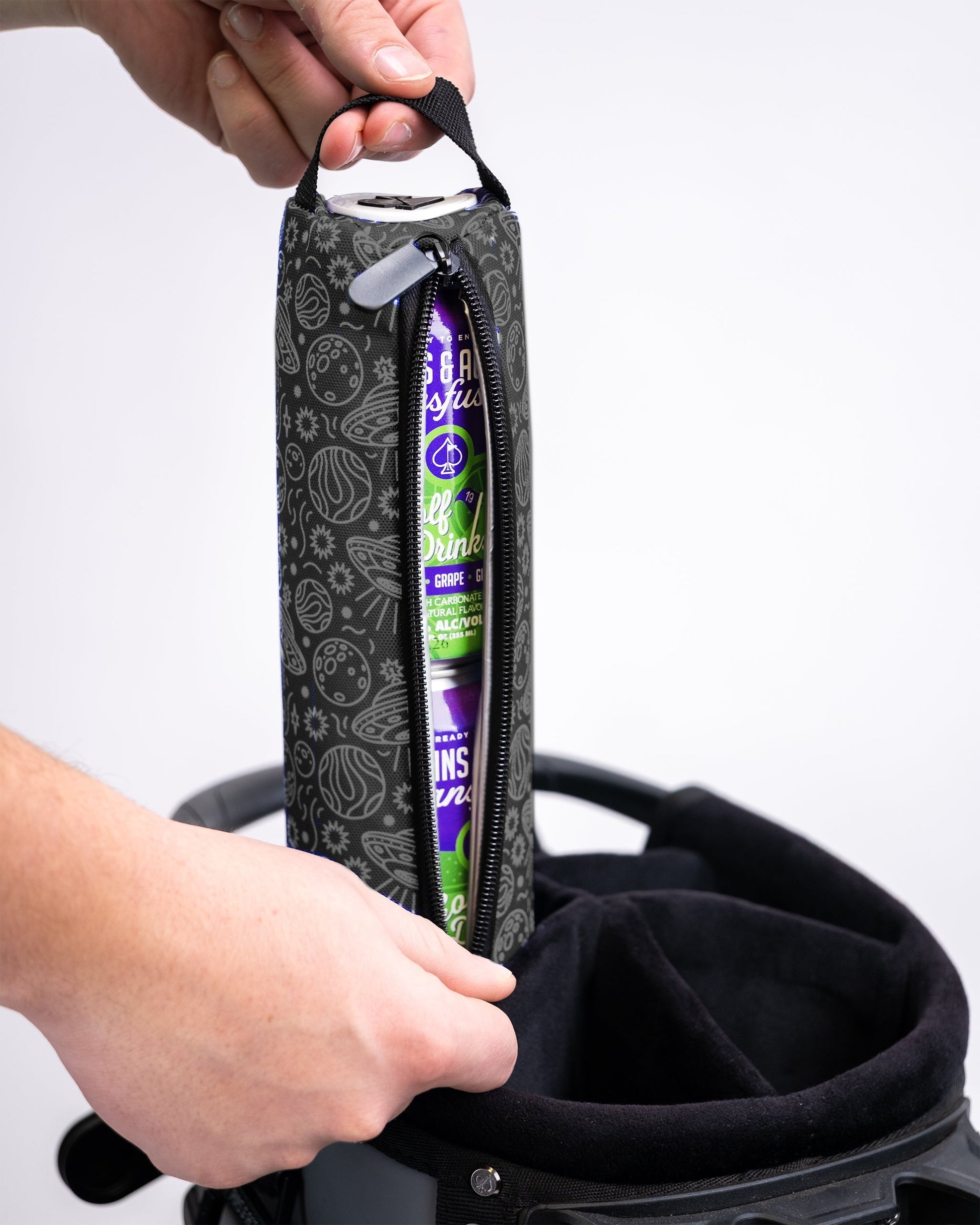 Black HEYDUDE Beer Sleeve featuring a "Black Hole" design, showcasing a sleek, insulated holder for beverages.