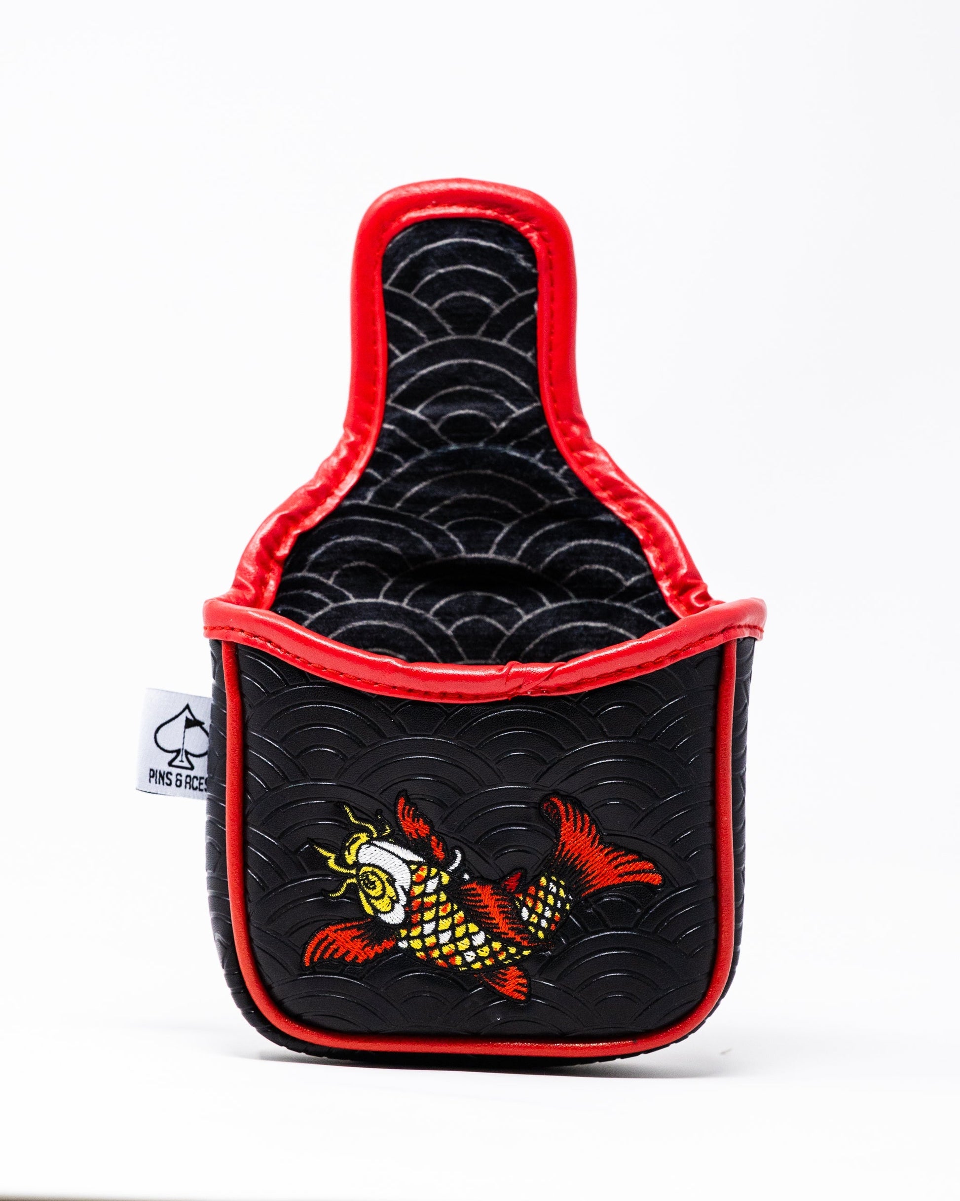 Alt text: Koi Flow mallet putter cover featuring a vibrant koi fish design on a black background, perfect for golf enthusiasts.