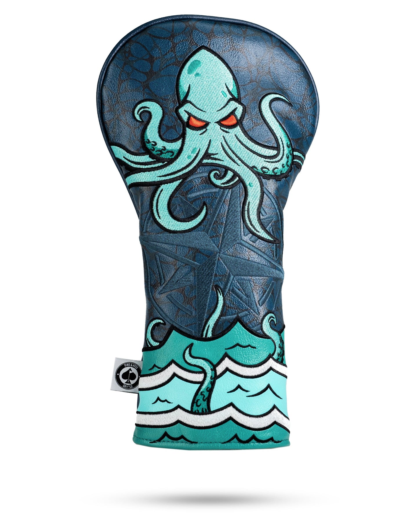 Kraken driver cover featuring an intricate octopus design on a black background, ideal for golf enthusiasts.