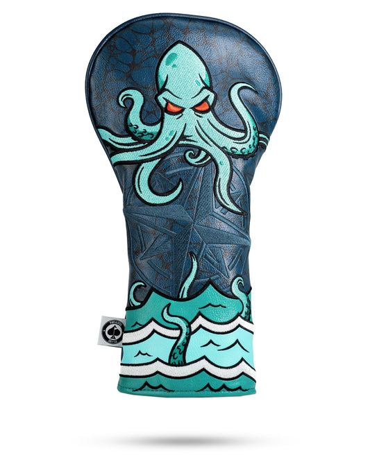 Kraken driver cover featuring an intricate octopus design on a black background, ideal for golf enthusiasts.