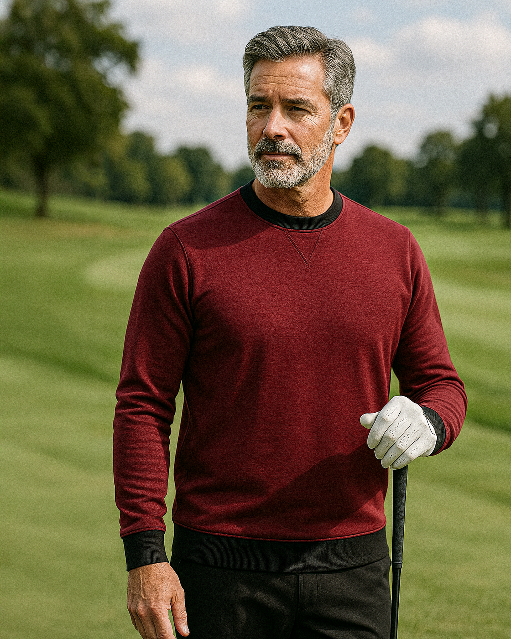 Man wearing a maroon Player Preferred™ Crewneck with black collar, standing outdoors on a golf course.